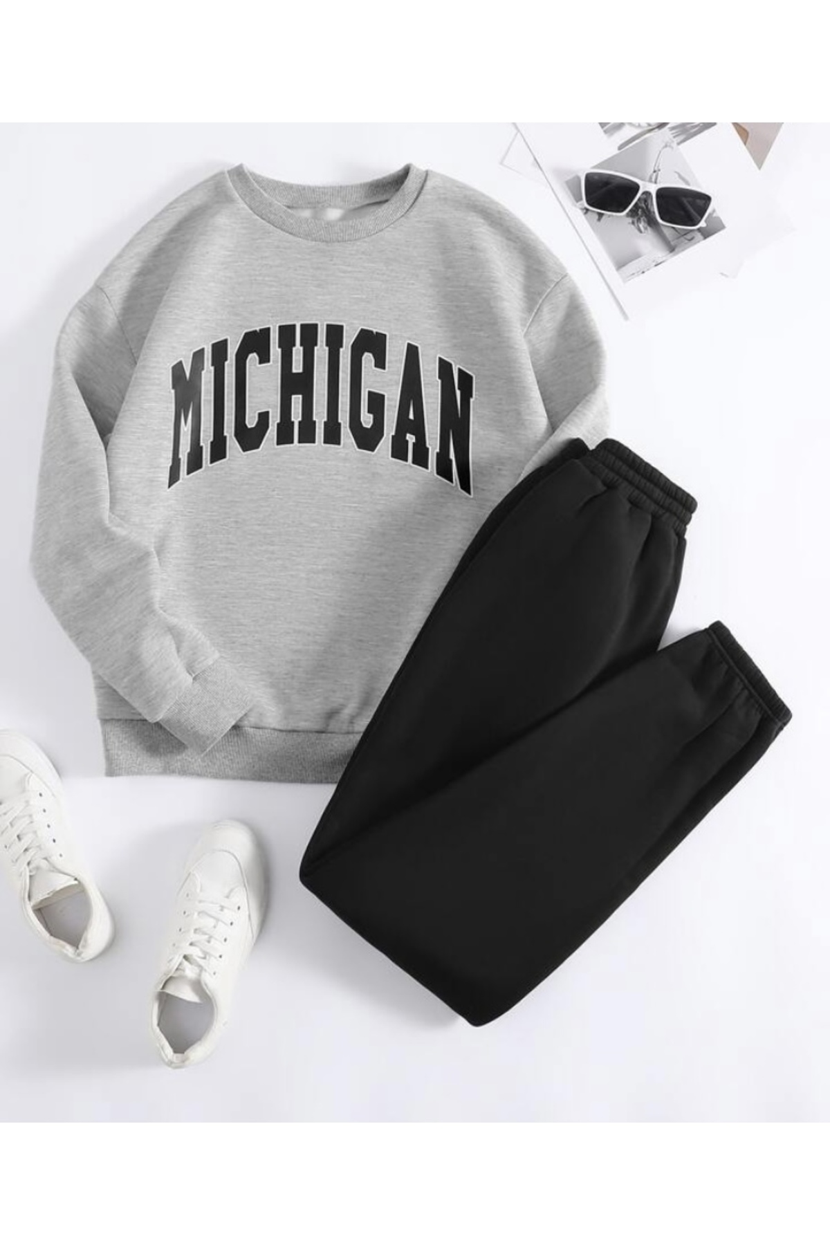 BYMEER Unisex Gri Siyah Bisiklet Yaka Michigan Baskılı Eşofman Takımı — خاکستری SNT-GRİSYH-TAKIM