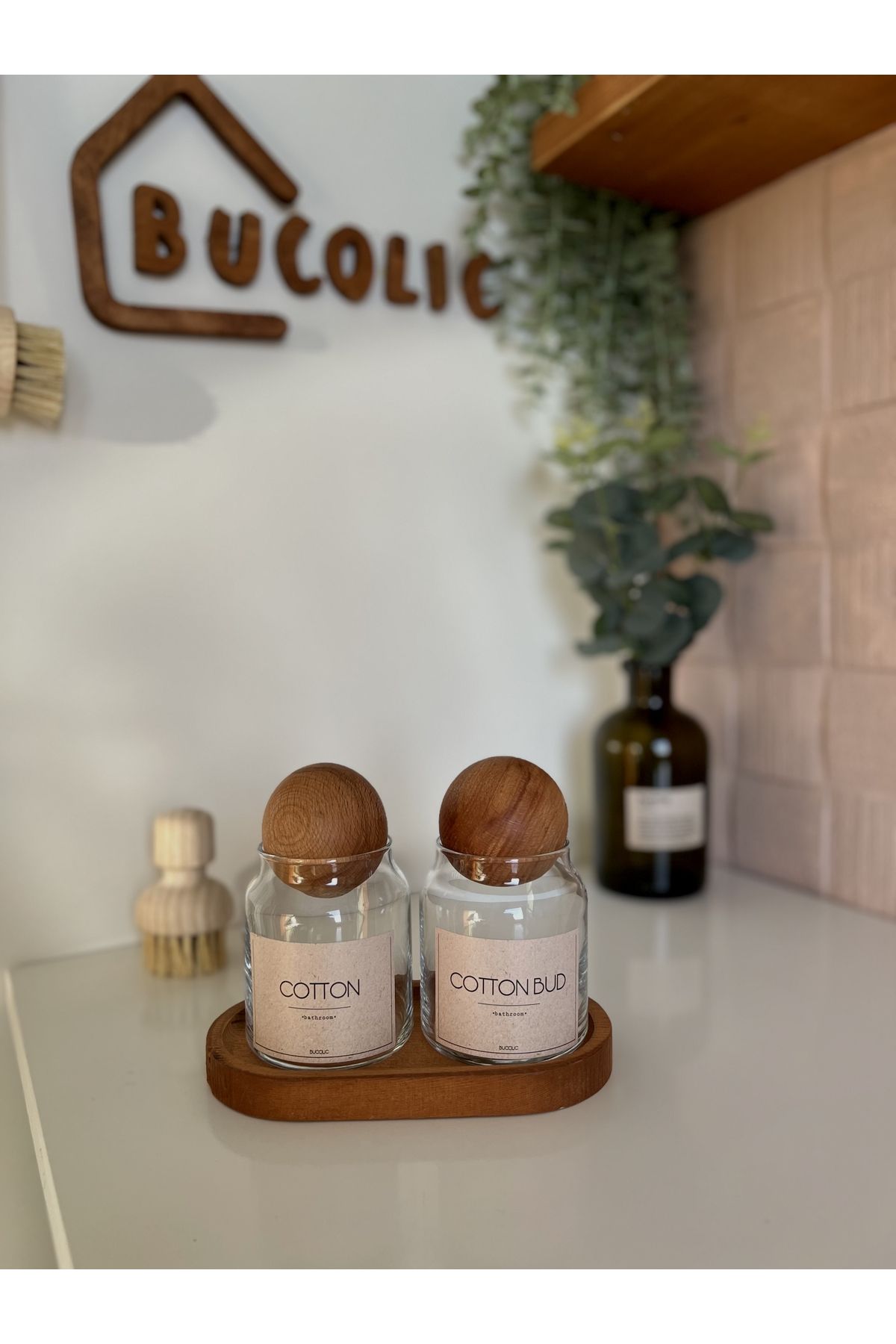 BUCOLIC Set De 2 Vase Din Bumbac Din Sticlă Cu Capac Din Lemn / Bumbac - Bumbac / Suport Din Lemn De Dimensiuni Mici Vintage - Mărime unică