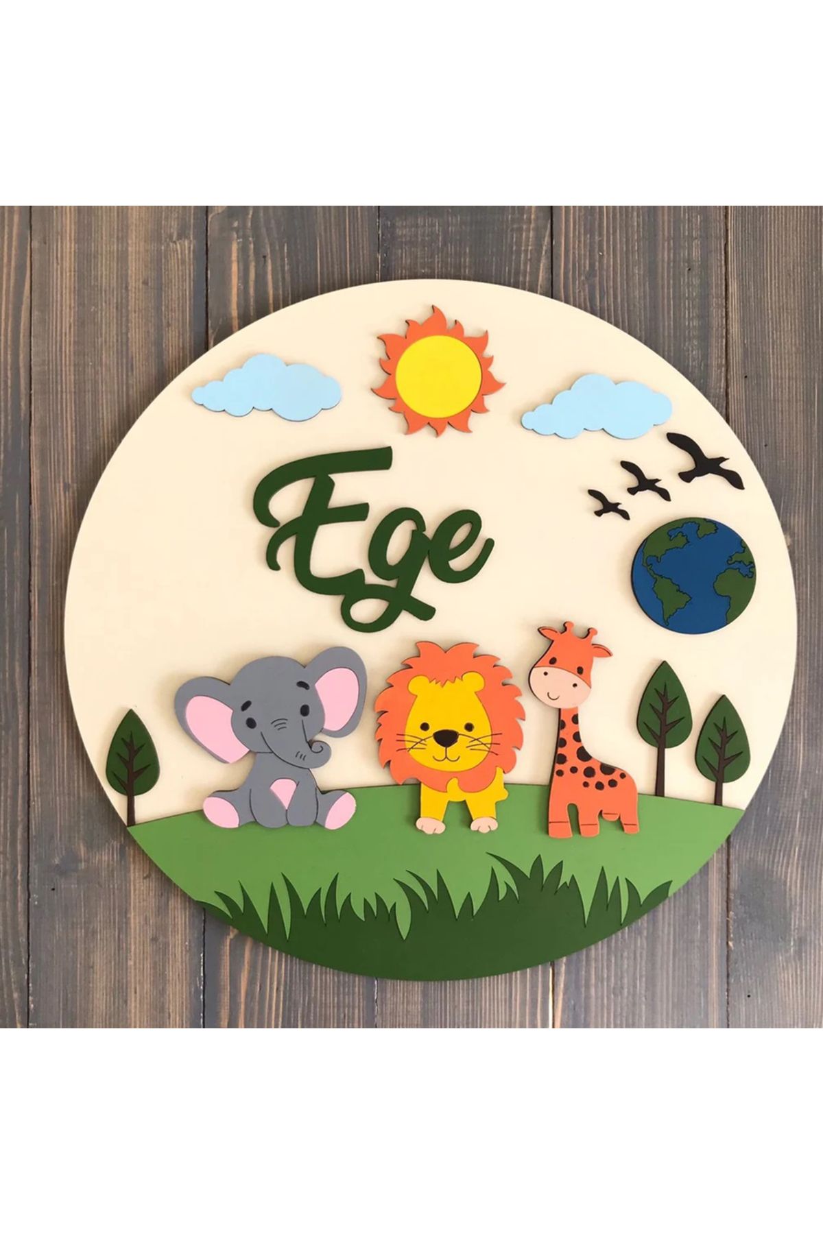 Doğa Ve Hayvan Dekorlu Ahşap Bebek Kapı Ve Duvar Süsü