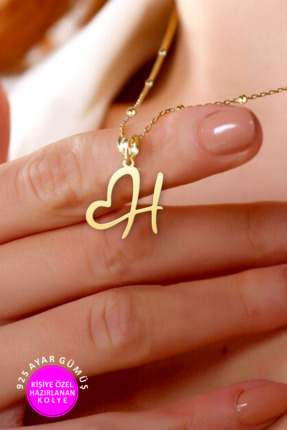 Genel Markalar Kadın 925 Ayar Gümüş Kolye Kalpli H Harfli 14 Ayar Altın Renk ...