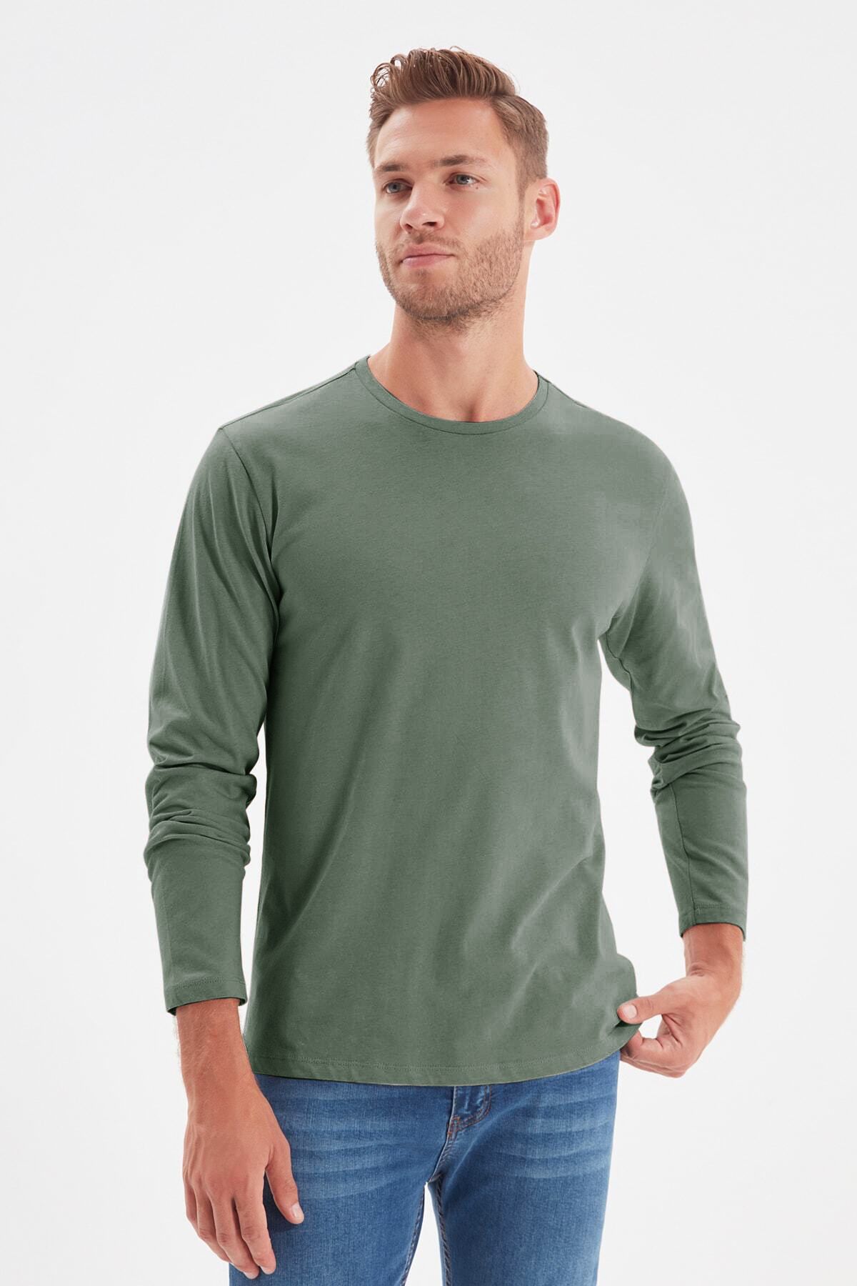 Trendyol Collection-Sötétzöld hosszú ujjú 100% pamut póló - Normal Fit TMNAW21TS0208 2