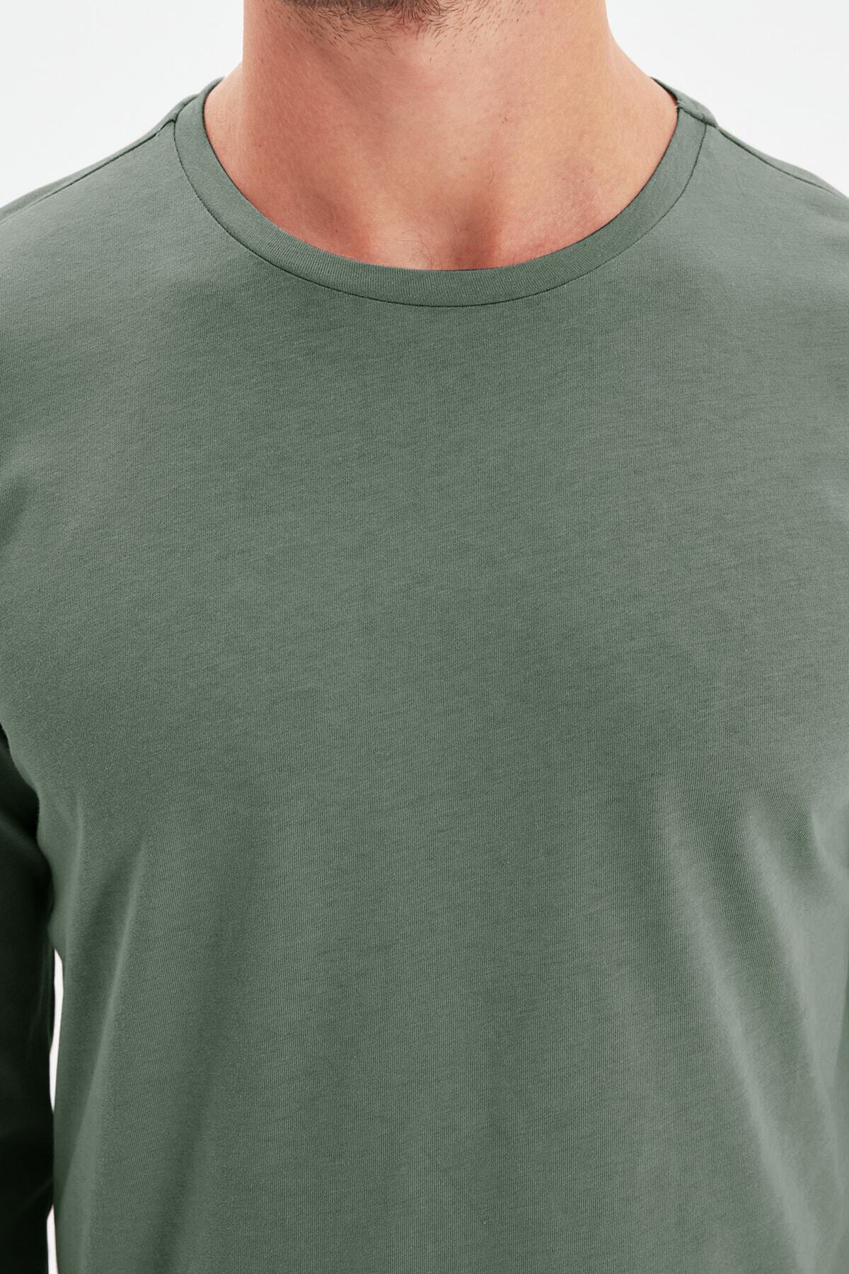 Trendyol Collection-Sötétzöld hosszú ujjú 100% pamut póló - Normal Fit TMNAW21TS0208 3