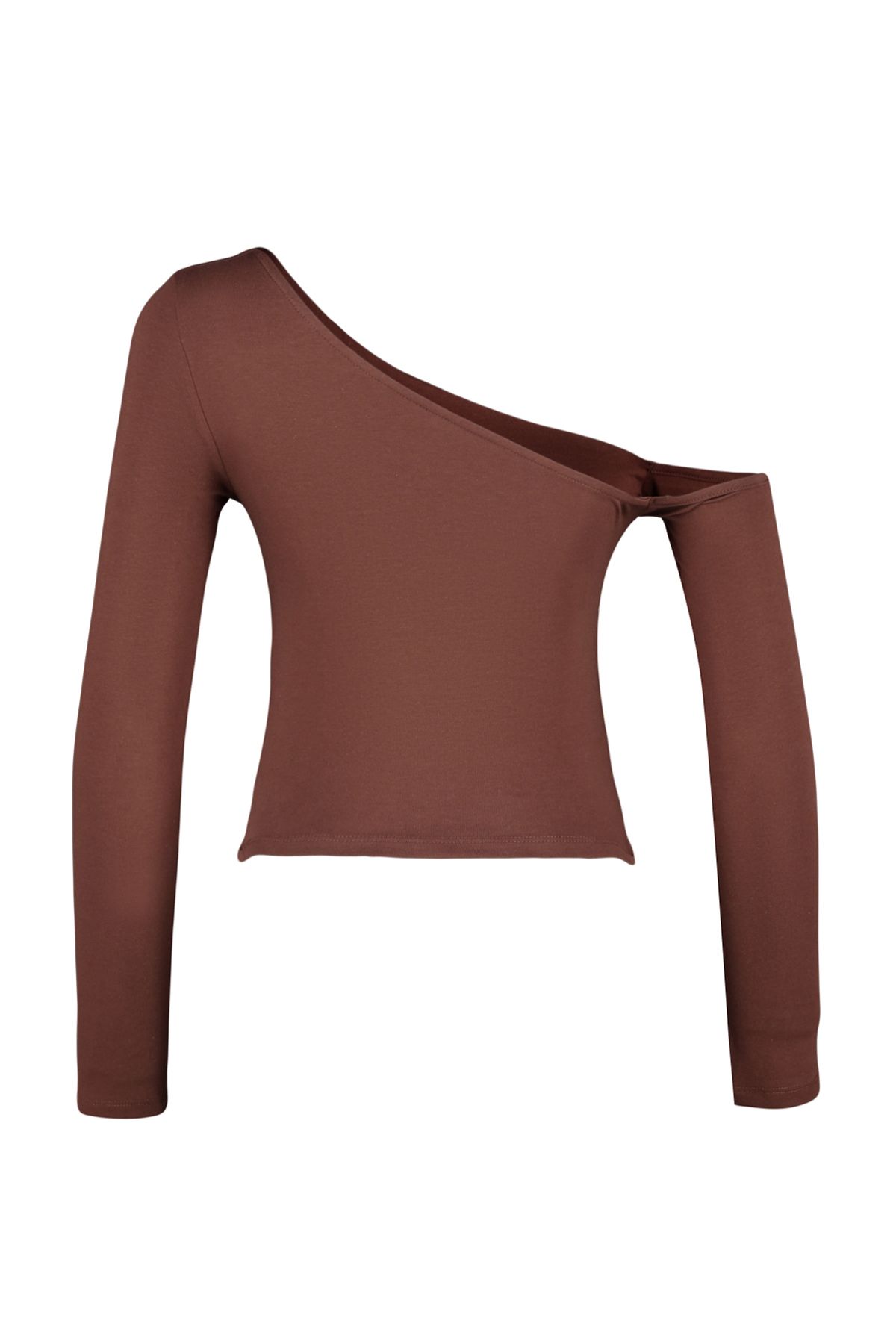 Trendyol Collection-Braune One-Shoulder-Strickbluse aus Baumwolle in schmaler Passform mit kurzem Schnitt TWOAW24BZ00099 8