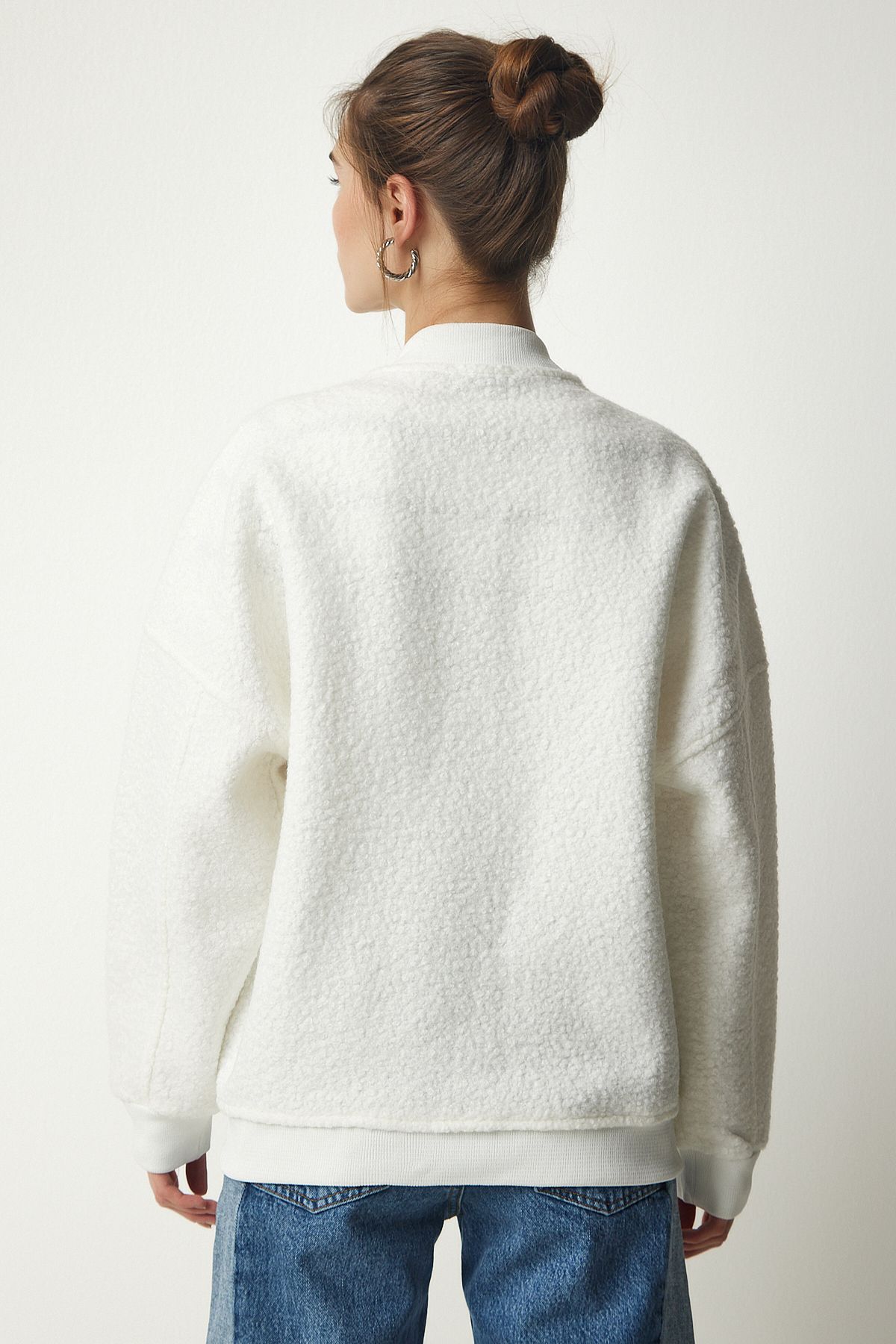 Happiness İstanbul-Women's Ecru Buttoned Boucle Jacket KW00004 8