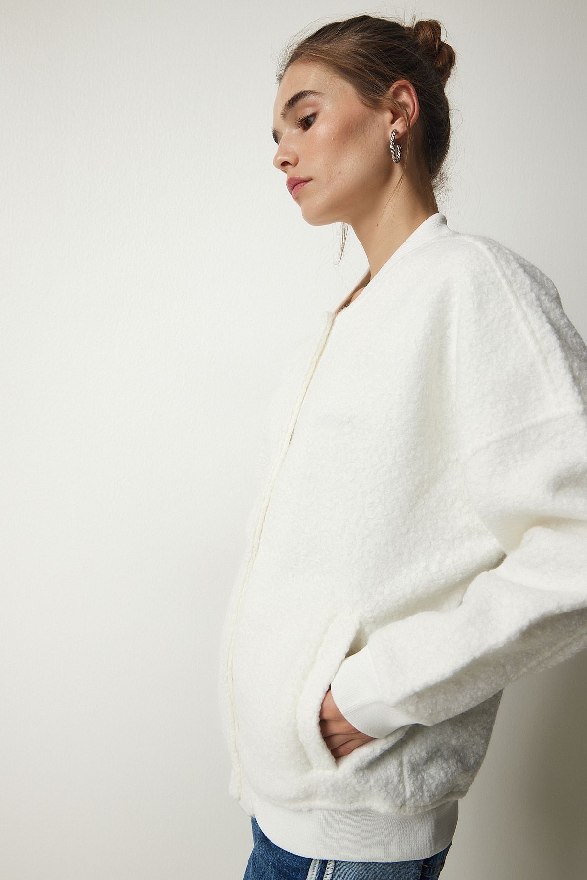 Happiness İstanbul-Women's Ecru Buttoned Boucle Jacket KW00004 6
