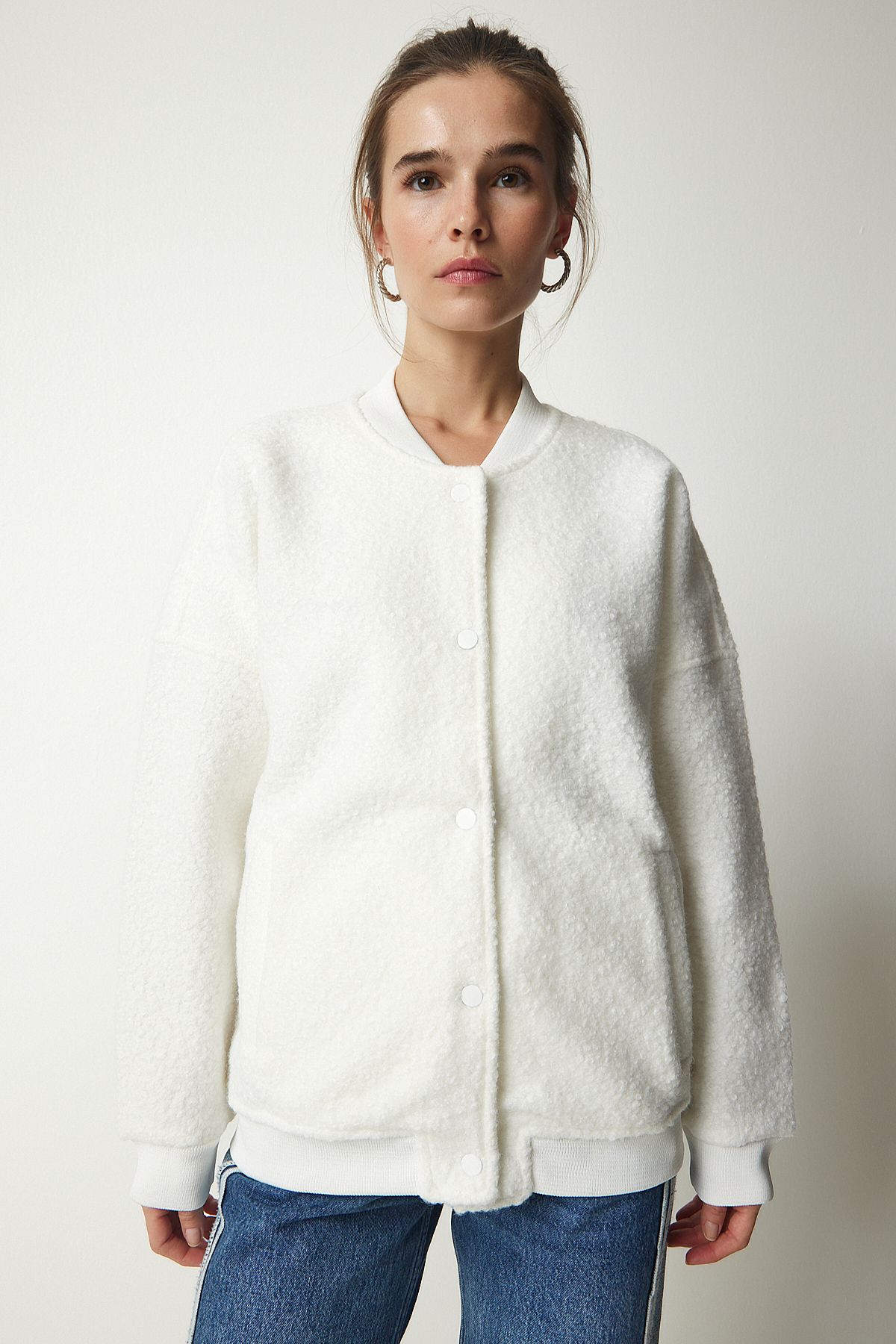 Happiness İstanbul-Women's Ecru Buttoned Boucle Jacket KW00004 4