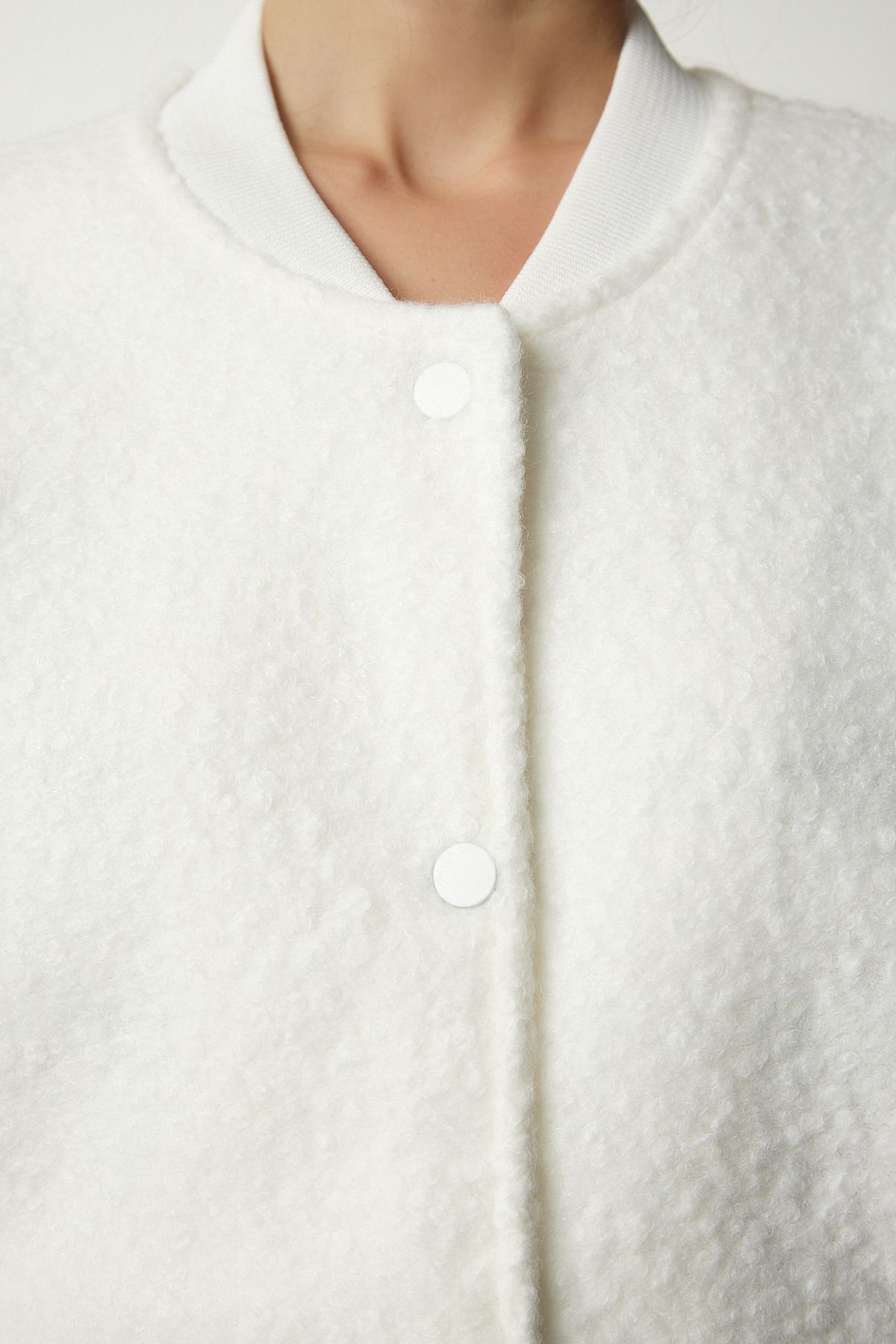 Happiness İstanbul-Women's Ecru Buttoned Boucle Jacket KW00004 7