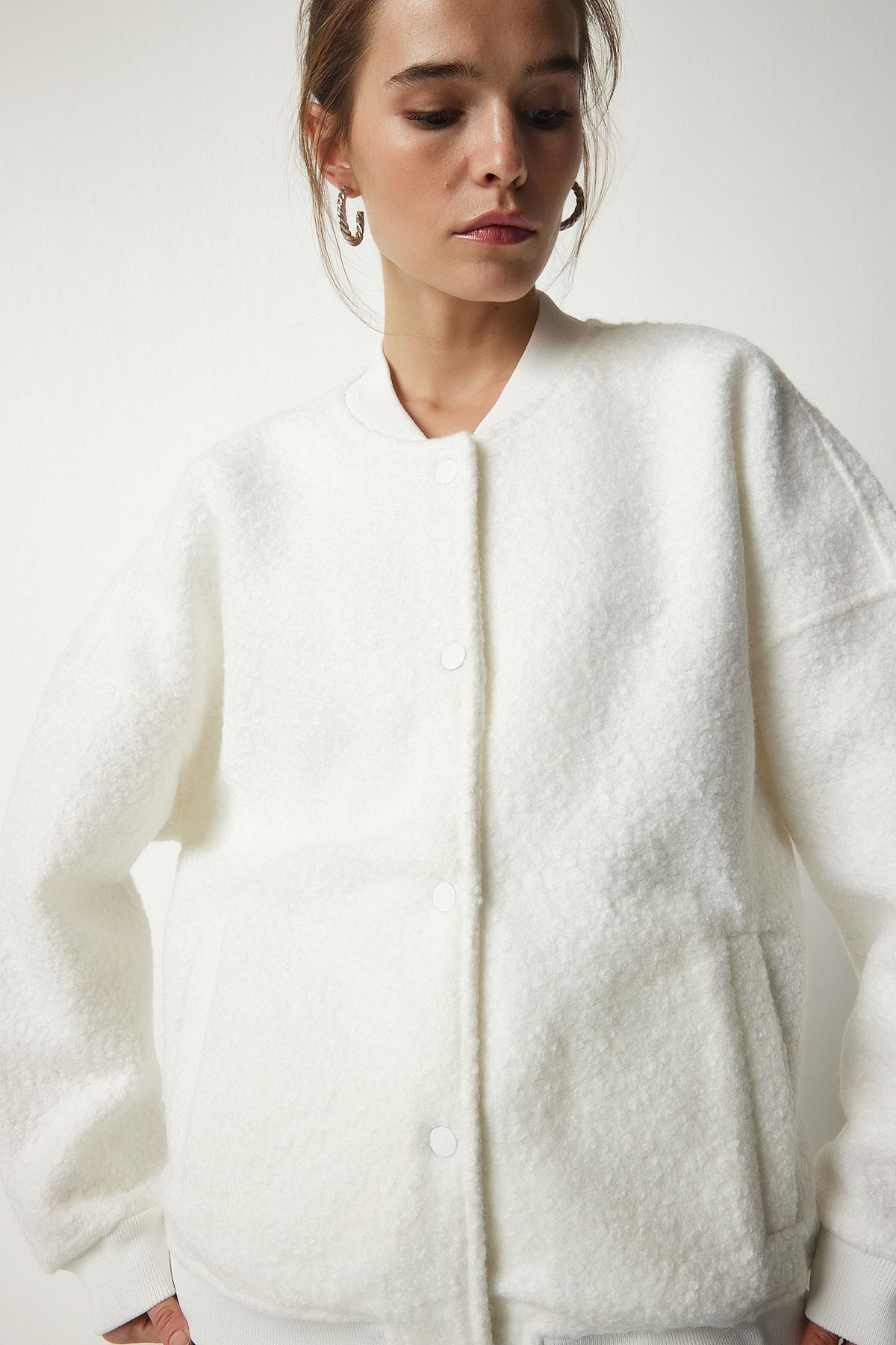 Happiness İstanbul-Women's Ecru Buttoned Boucle Jacket KW00004 5