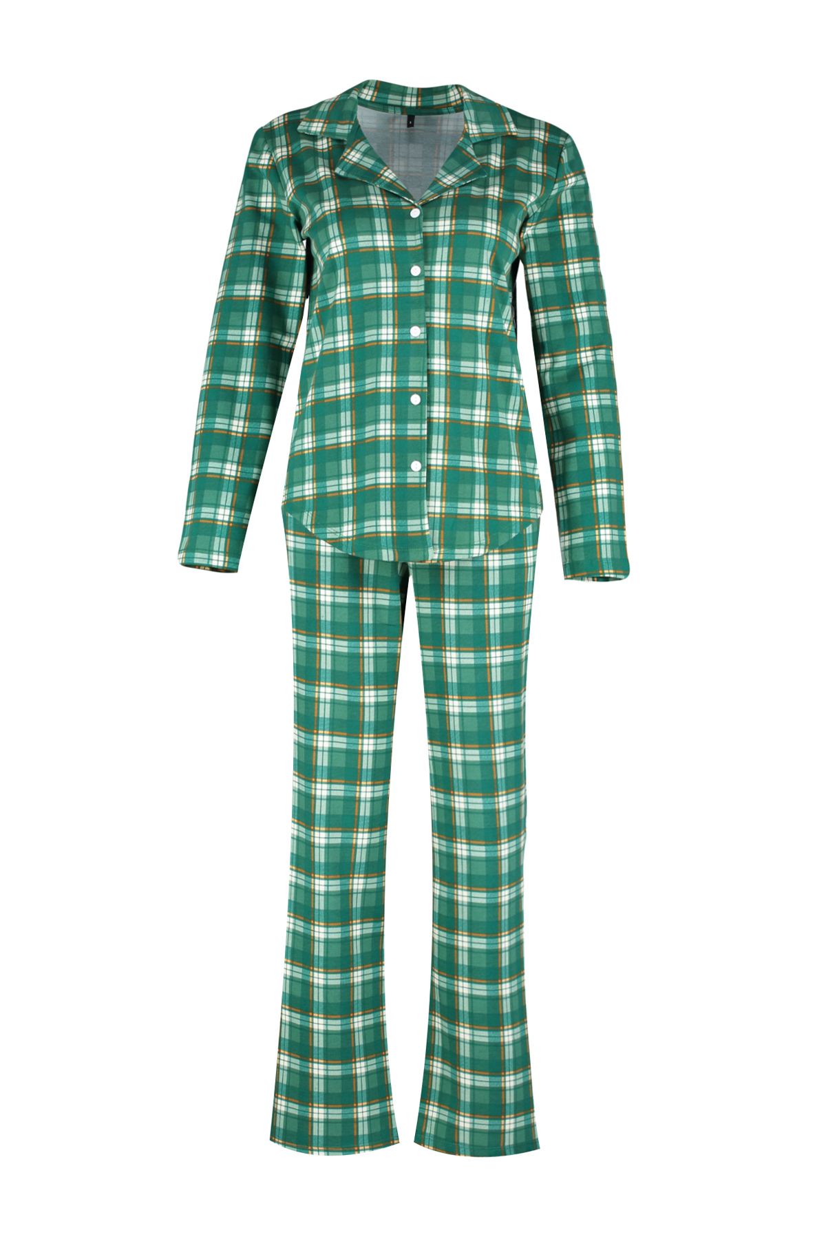 Trendyol Collection-Set de lenjerie de dormit cămașă și pantaloni din bumbac în carouri verde - THMAW24PT00252 7