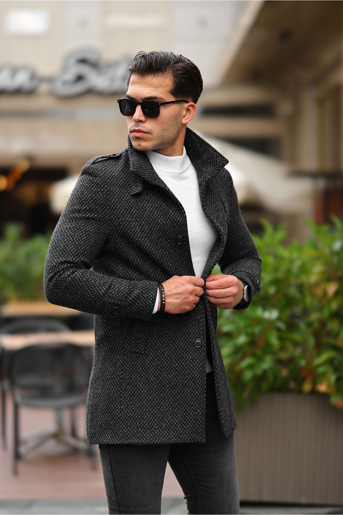 Mero Life Men s Slim Cut Stand Collar Long Wool Blend Dark
