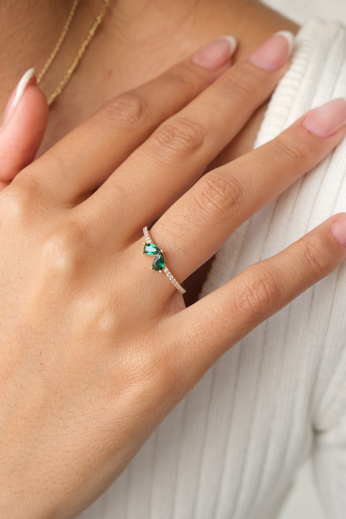 14 Ayar Altın Çift Taşlı Yeşil Emerald Yüzük 3