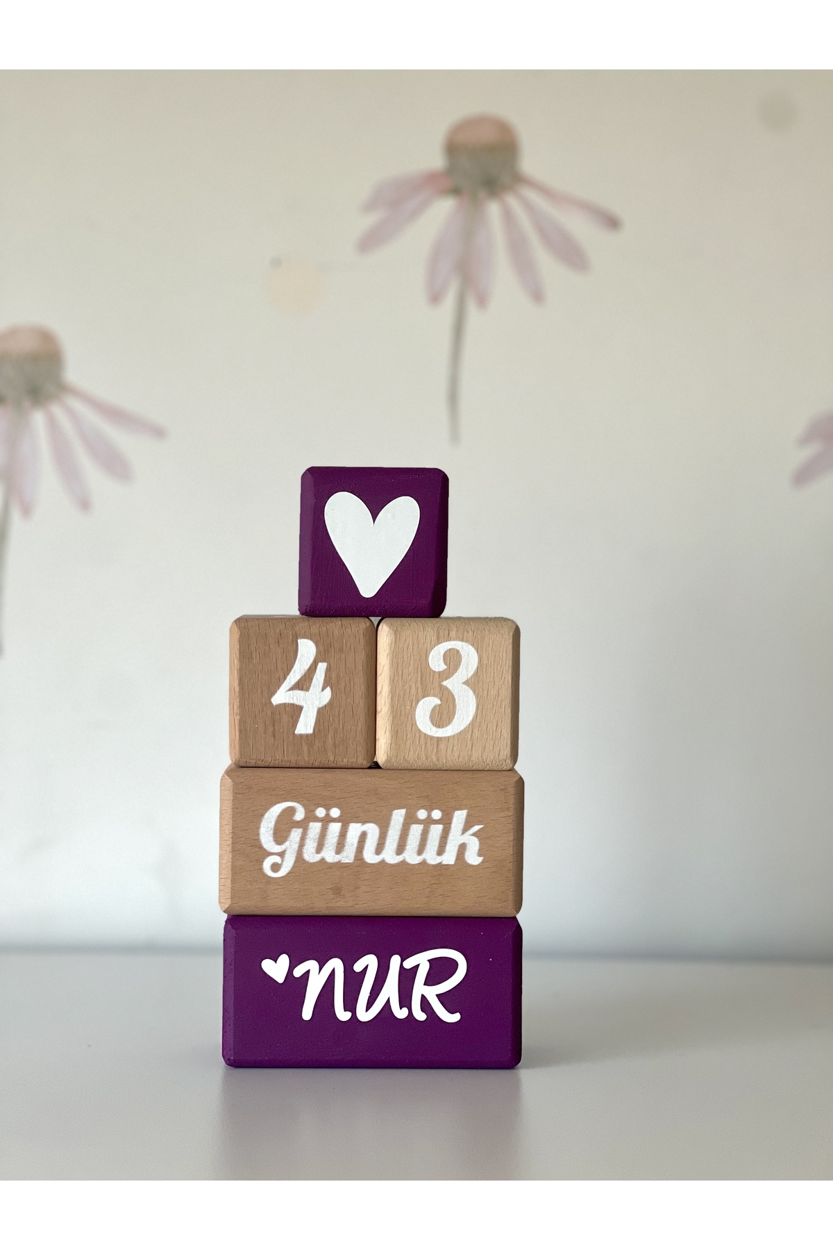 Renkli anne bebek anı küpü lila beyaz yazılı set bebek saç tarağı isimli set