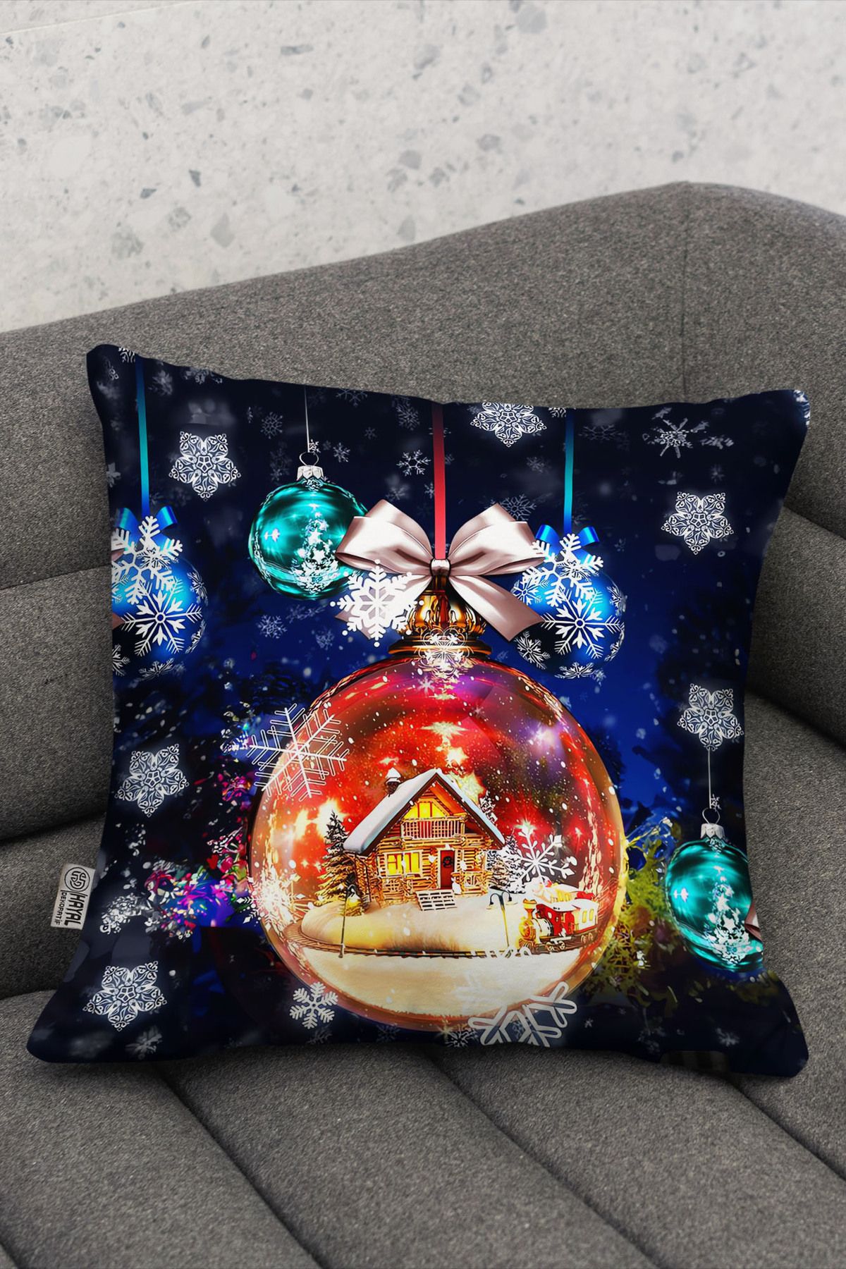 Hayal Dekoratif Christmas Globe Patterned Red Blue Digital Printed