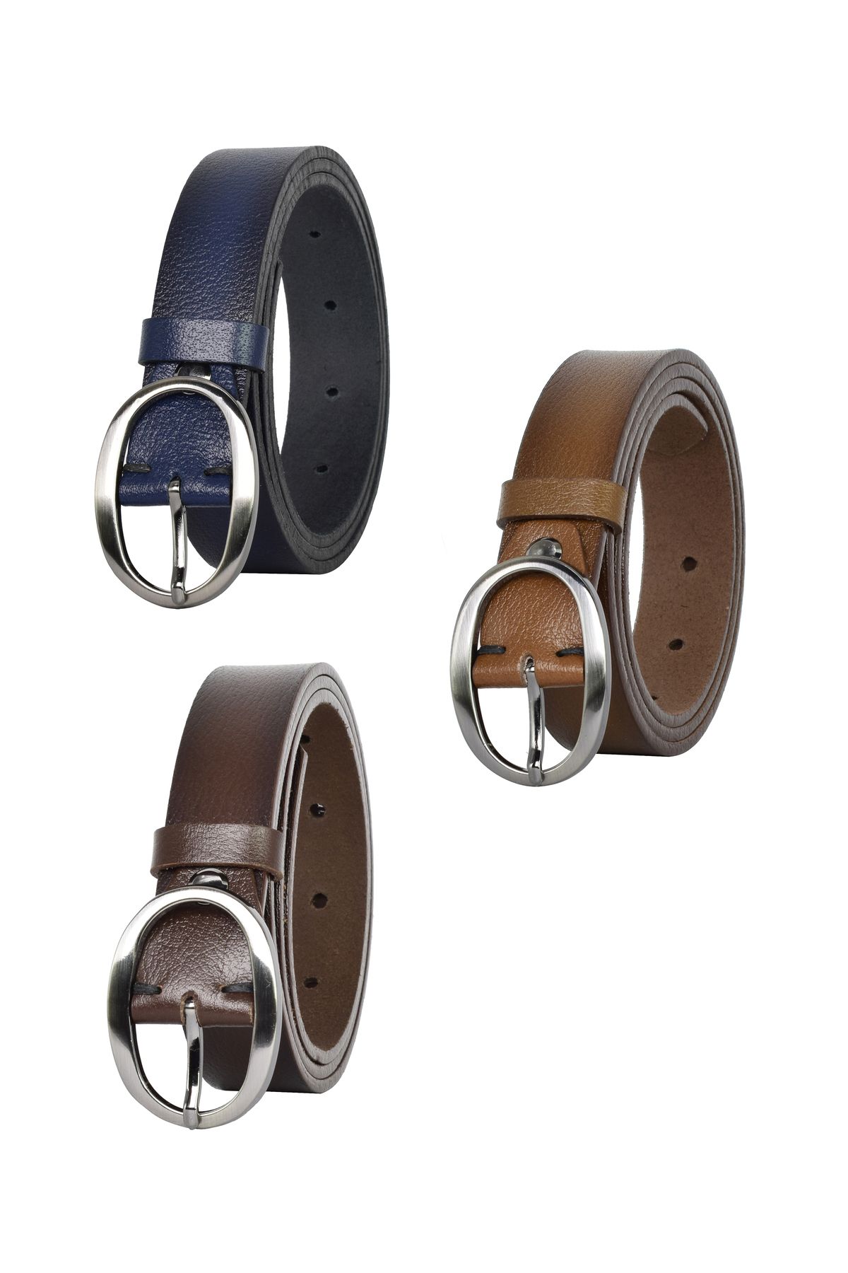 GoDeri-100% Genuine Leather Matte Oval Buckle Set of 3 Navy Blue, Light and Dark Brown, Women's Belt, 3 cm; 39 3