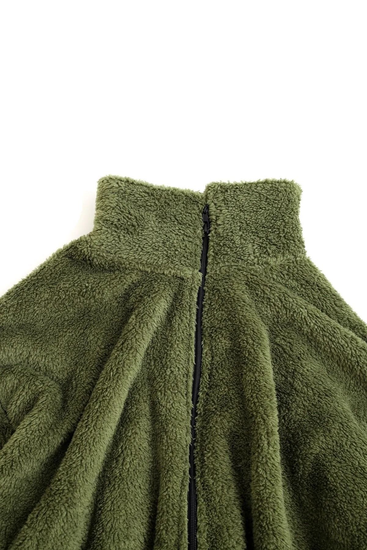 Fifty Color Khaki Plush Wellsoft High Collar Pockets Zippered Oversize Cut Plush Jacket Trendyol