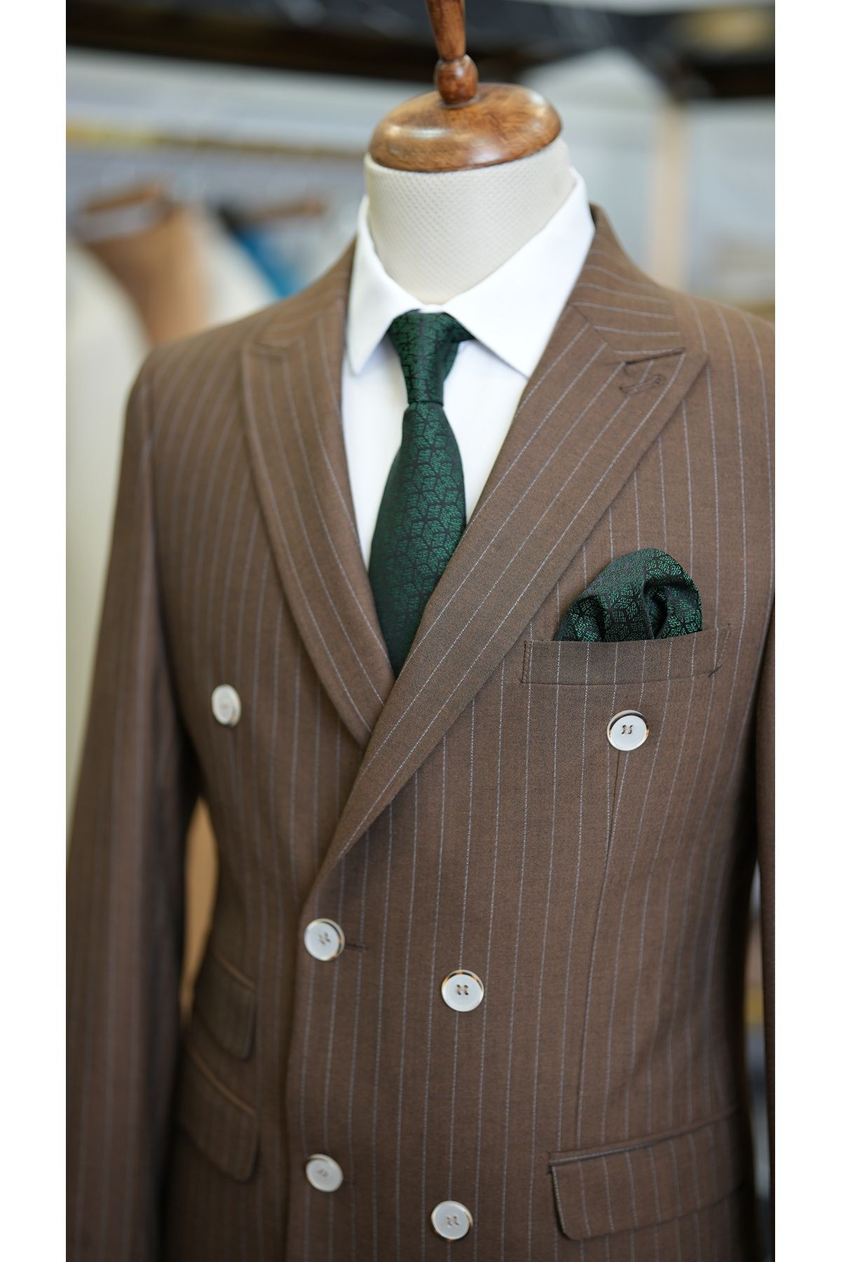 LONATOLİA-Costum cu dungi pentru bărbați, cu croiala italiană, jachetă slim fit, pantaloni-maro deschis 4