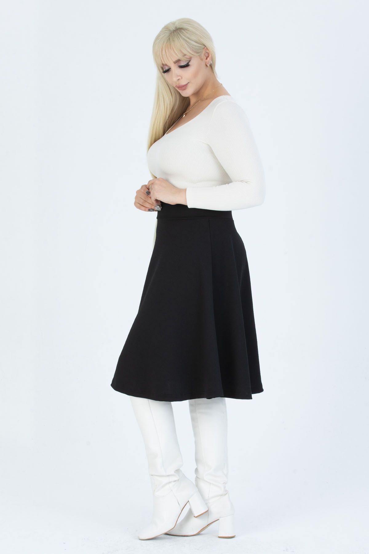 Mooi XXL Women s Black High Waist Stretchy Crepe Flared Skirt