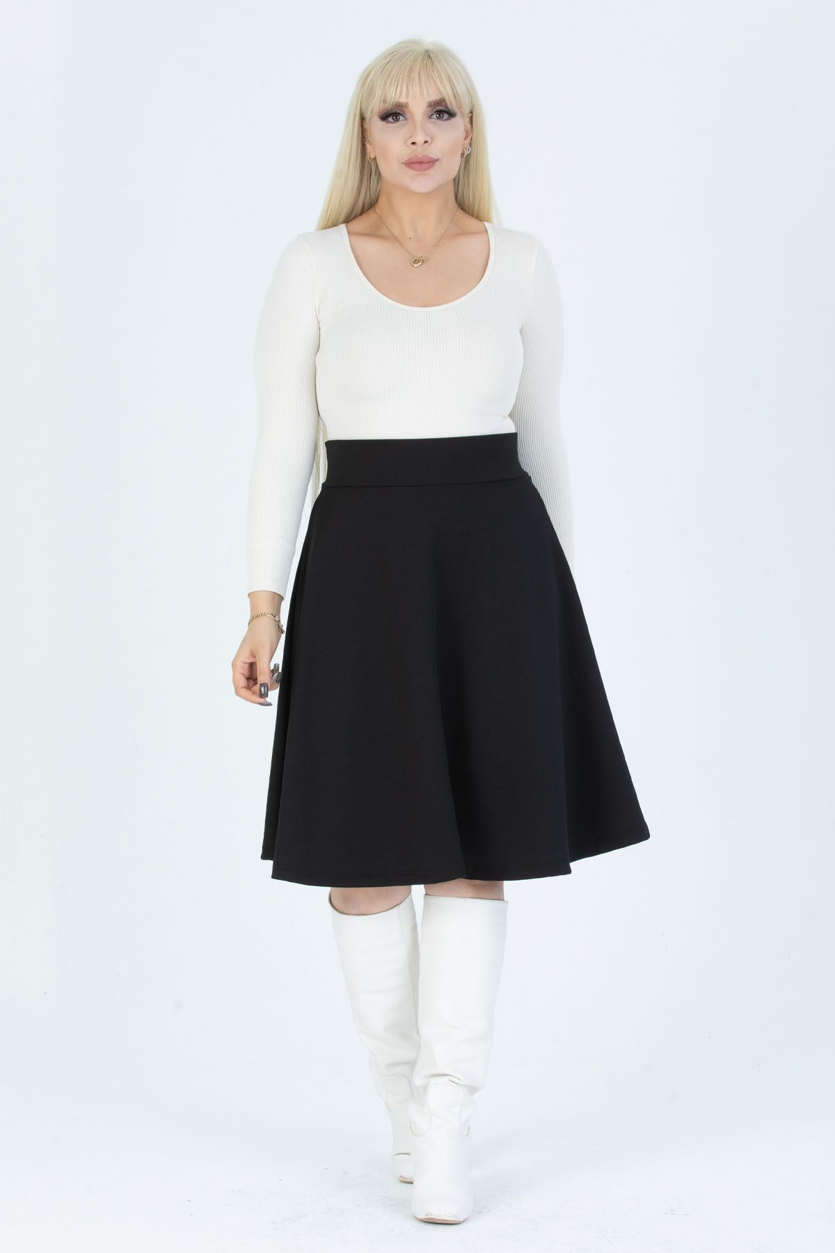 Mooi XXL Women s Black High Waist Stretchy Crepe Flared Skirt