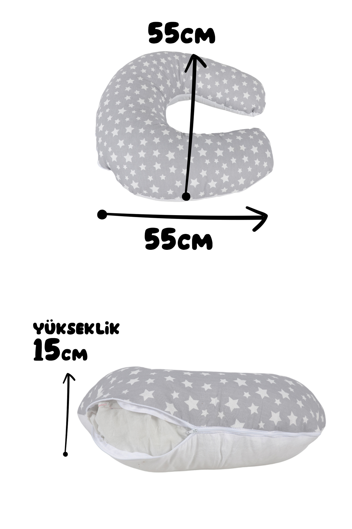 BabyModa Çift Taraflı Bebek Emzirme Yastığı, Destek Minderi, Hamile Yastığı Pamuklu Gri Kumaş fotoğrafı 3 (önizleme)