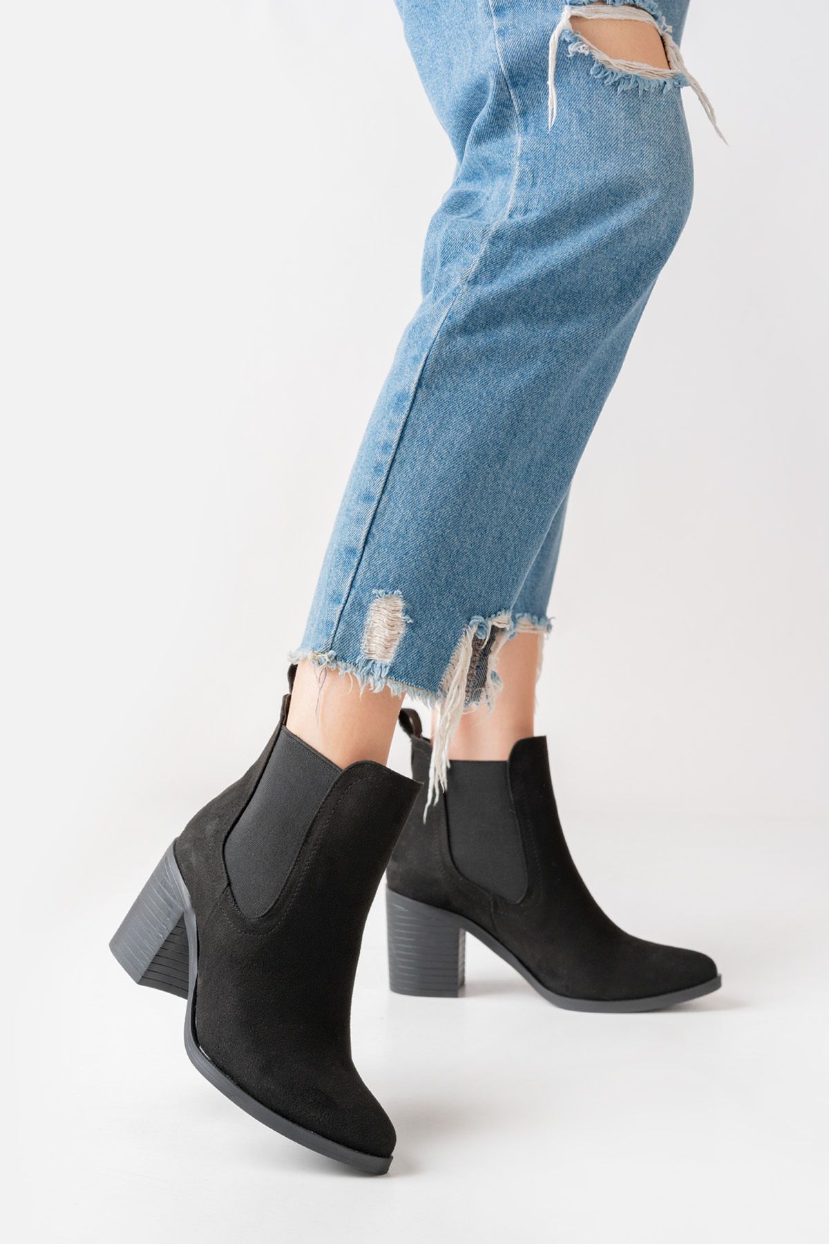 Black suede booties discount 2 inch heel