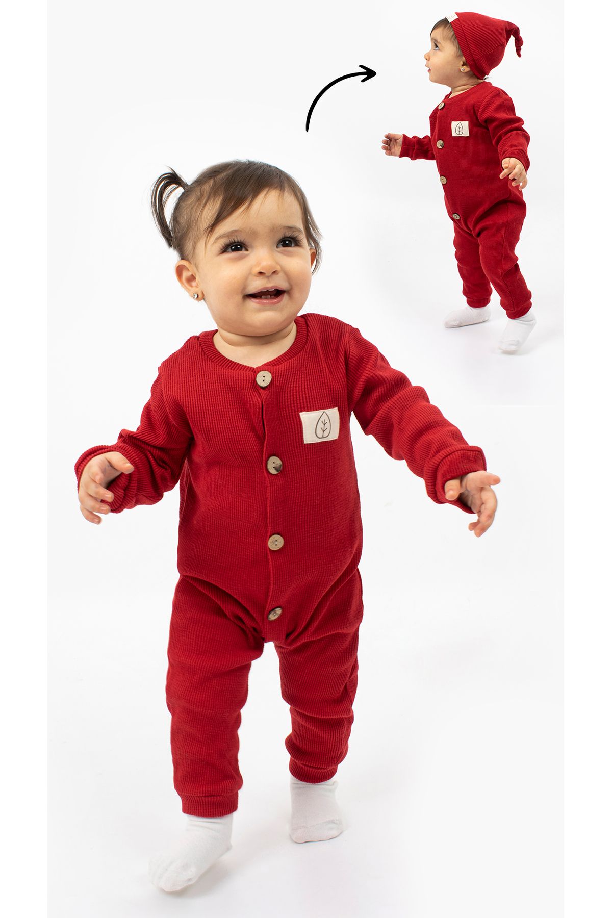 Unisex Tahta Düğme Görselli Şapkalı Şık Bebek Tulum-kırmızı