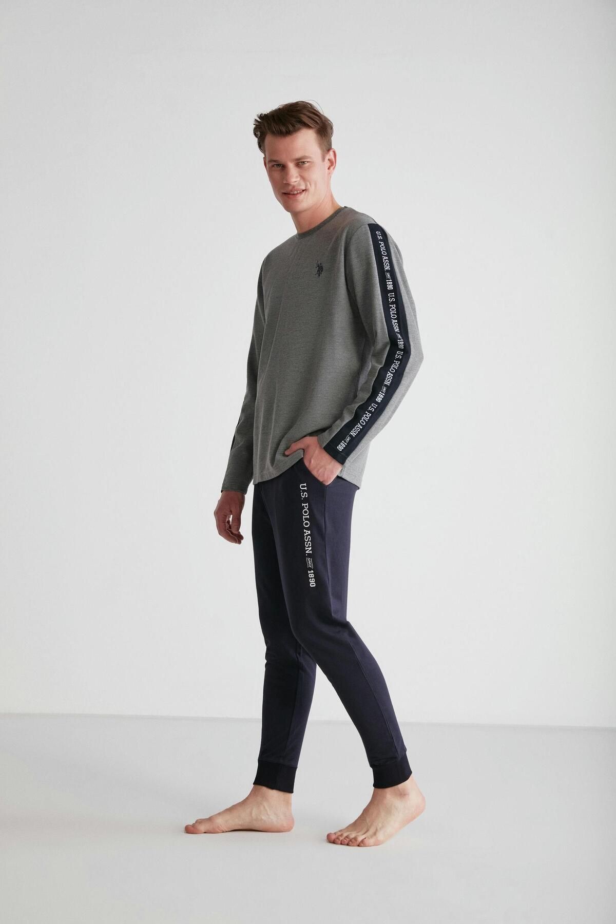 ست پیژامه خاکستری مردانه لباس خواب یقه گرد آنتراسیت ملانژ U.S. Polo Assn.