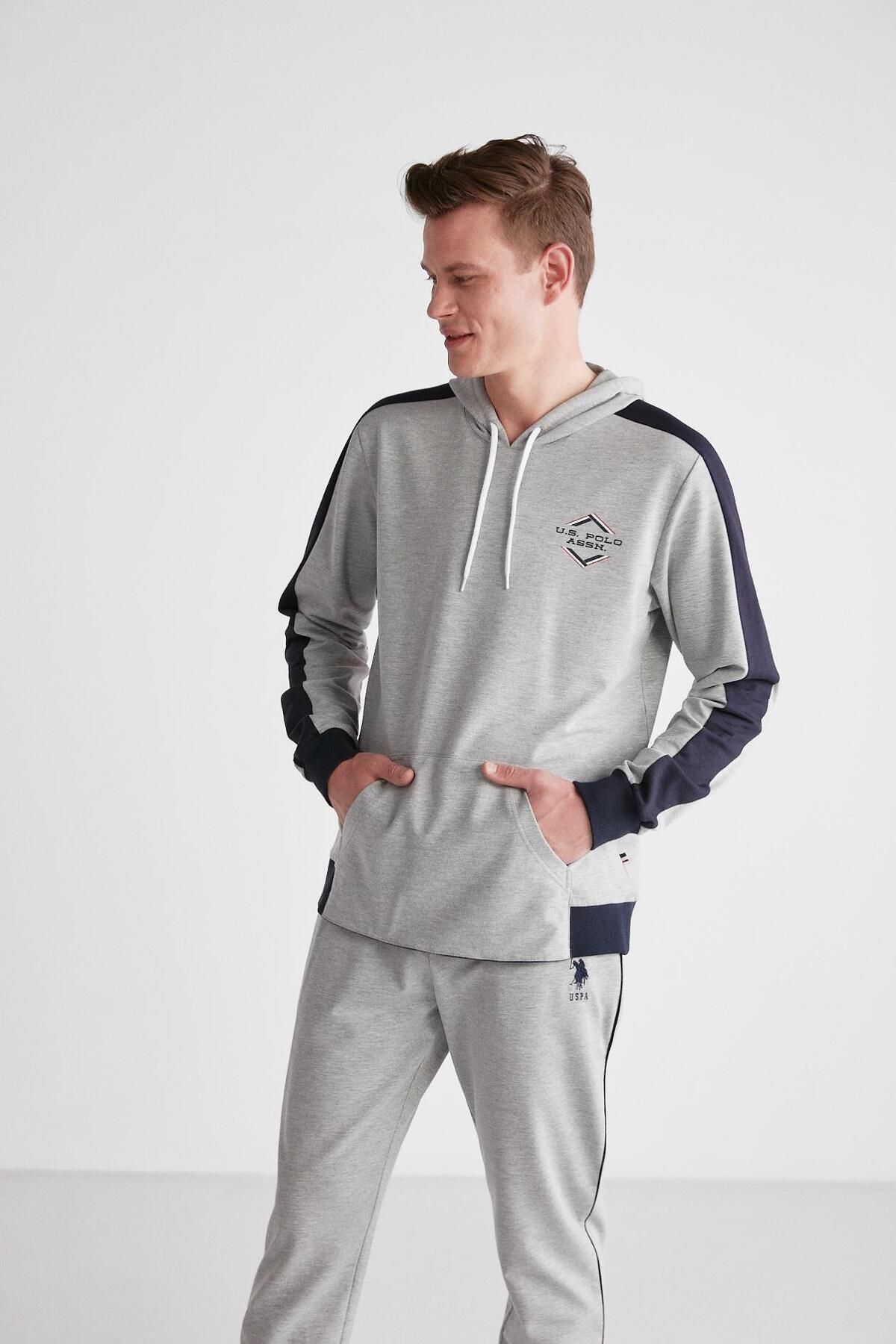 ست پیژامه خاکستری مردانه لباس خواب کلاهدار ملانژ U.S. Polo Assn.