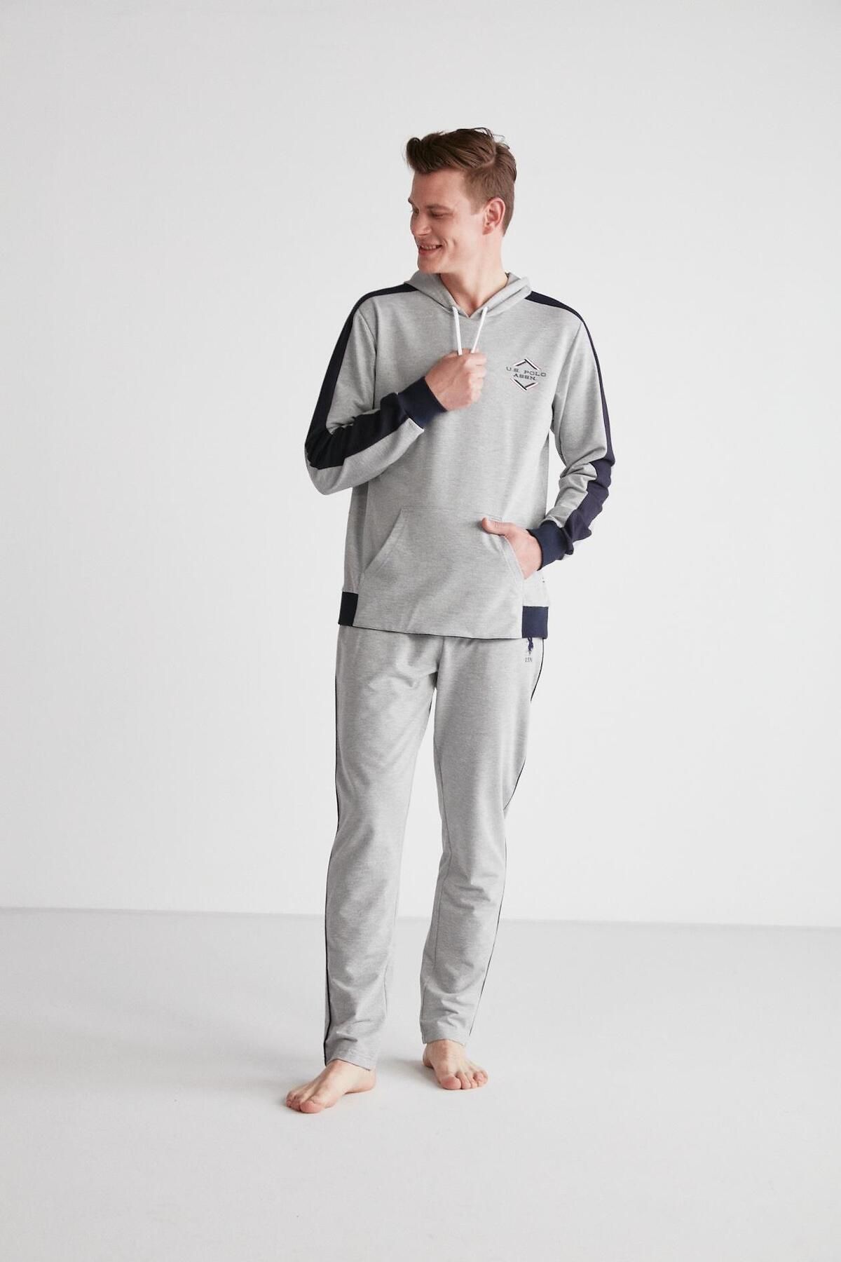 ست پیژامه خاکستری مردانه لباس خواب کلاهدار ملانژ U.S. Polo Assn.