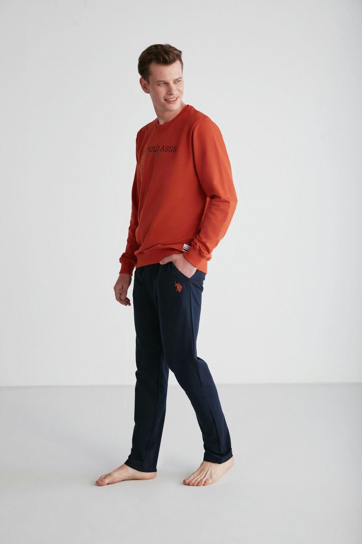 ست پیژامه نارنجی مردانه یقه گرد کاشی U.S. Polo Assn.