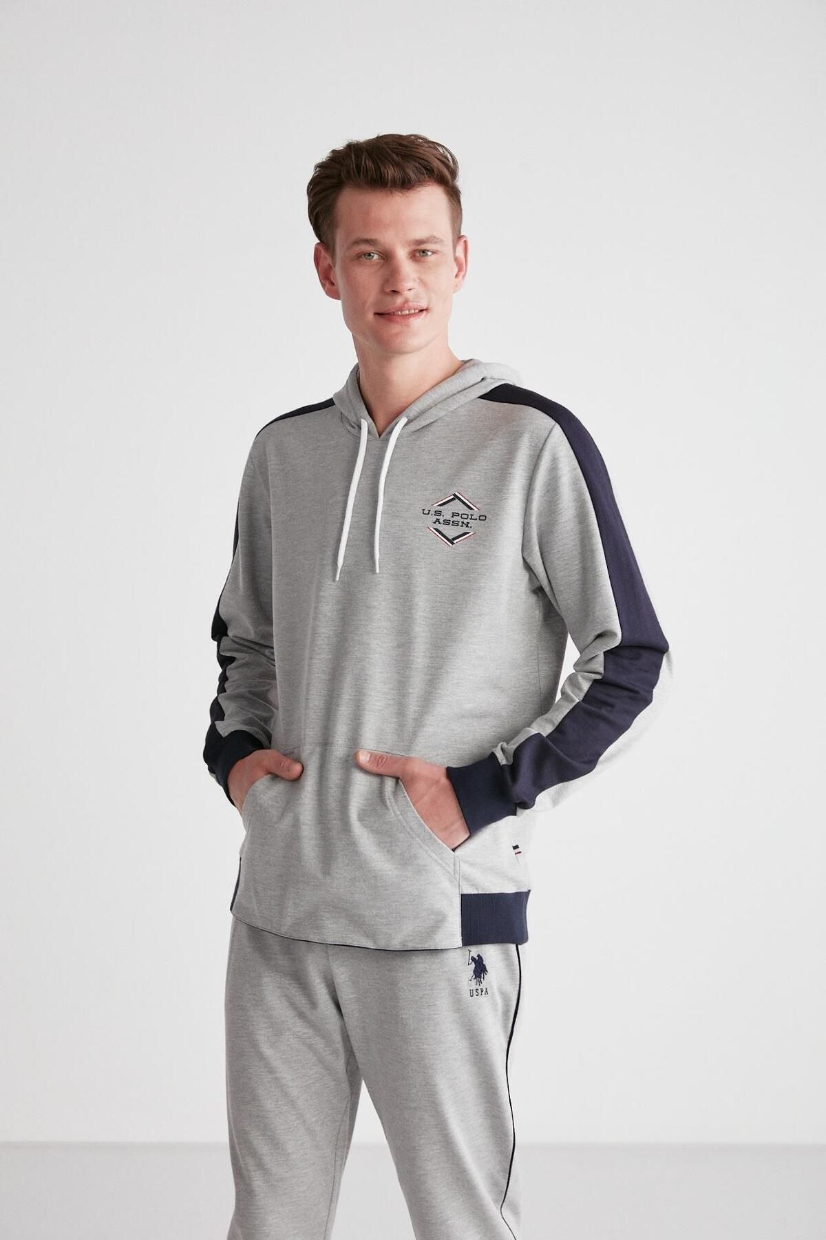 ست پیژامه خاکستری مردانه لباس خواب کلاهدار ملانژ U.S. Polo Assn.