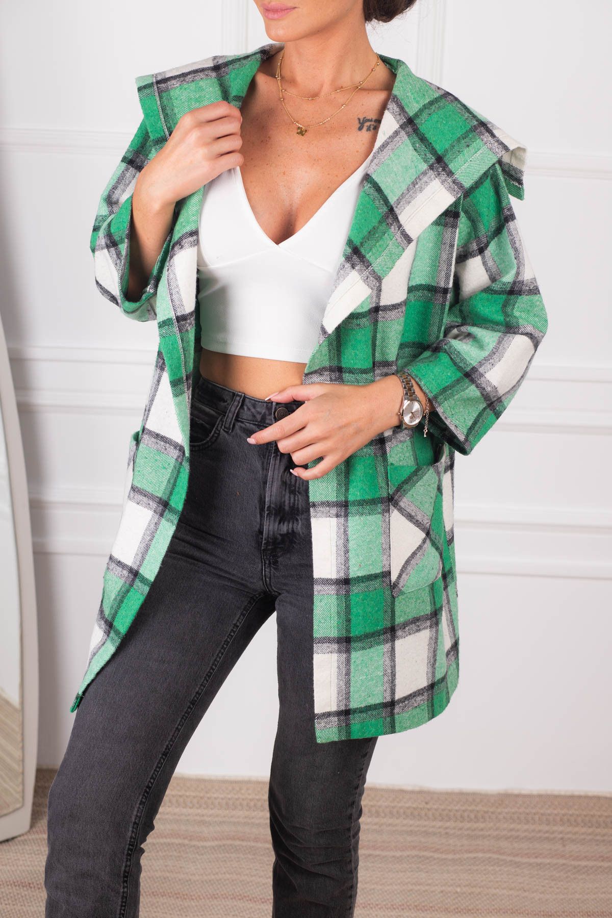 armonika Women s Grass Green Plaid Casual Jacket with Pockets ARM 22Y001160