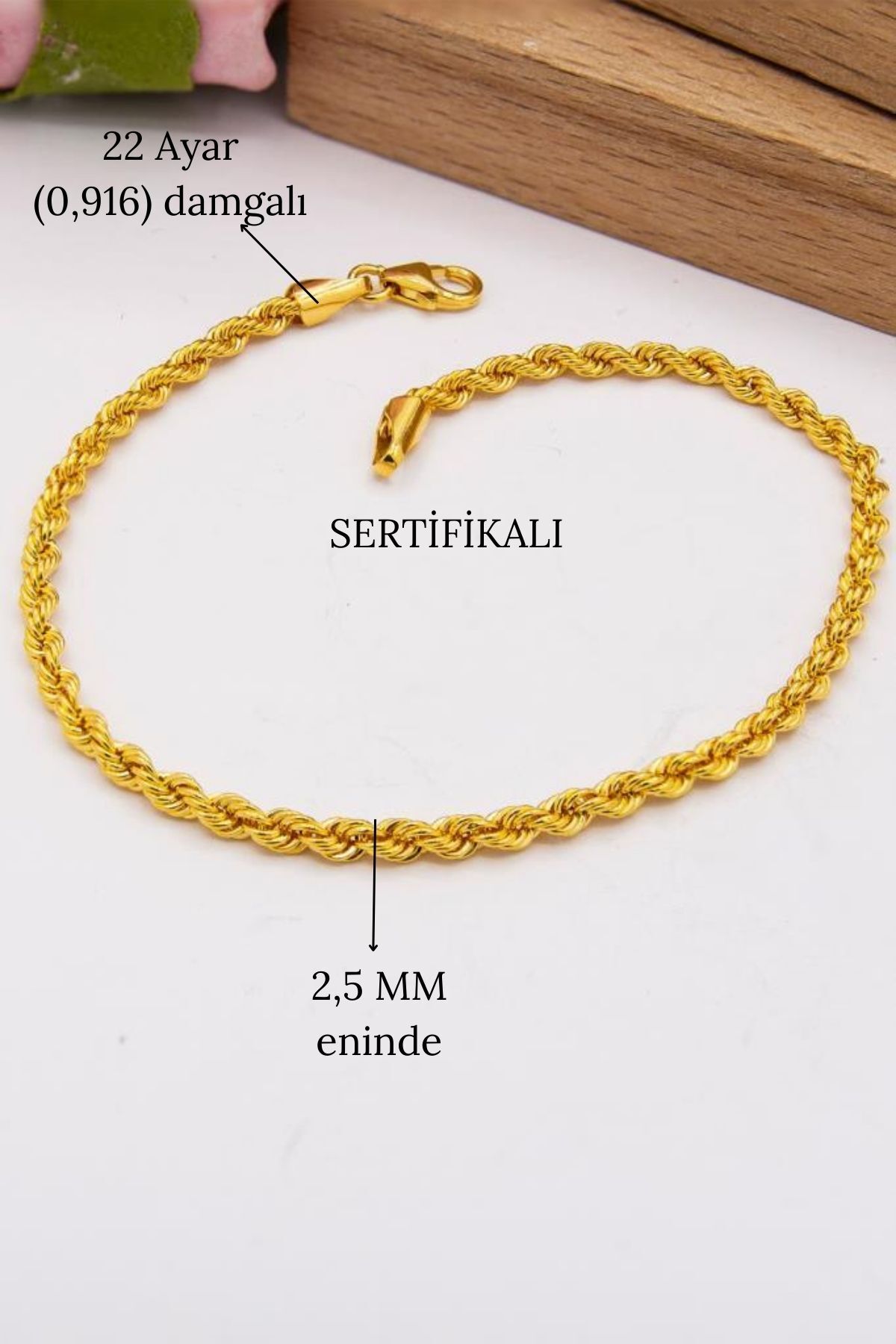 22 Ayar Altın 2,5 Mm Halat Kordon Bileklik Kadın Bileklik 3