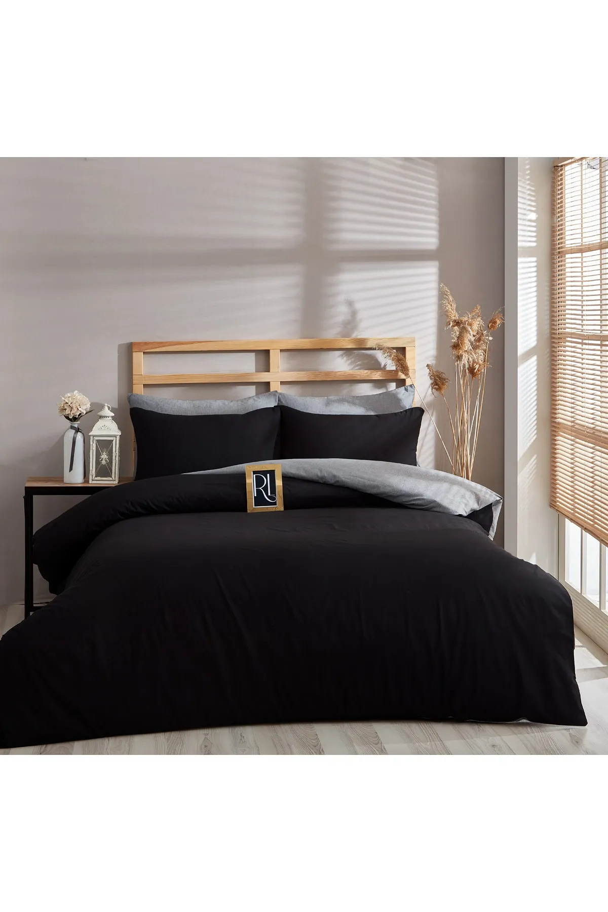 esseHM Solid Color Black Gray Double Sided Duvet Cover Set Double