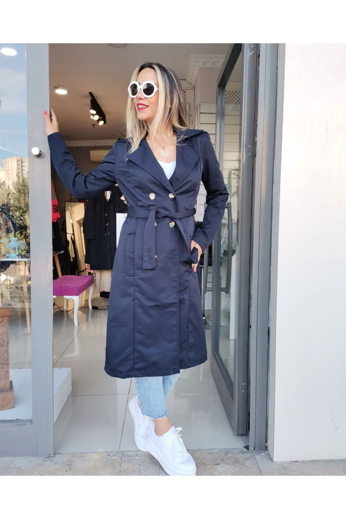 Dark blue outlet trench coat womens
