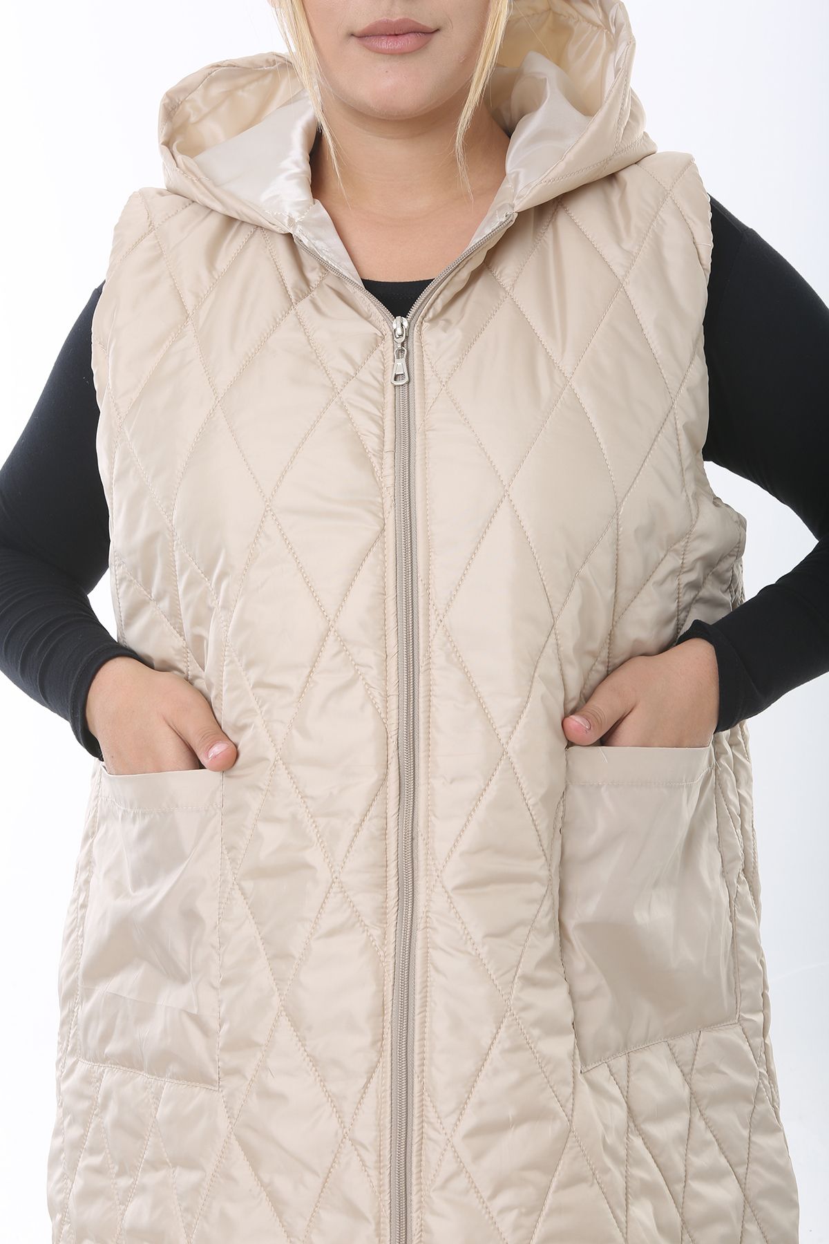 XL Modam-WOMEN'S LARGE SIZE QUILTED HOODED CREAM VEST 8