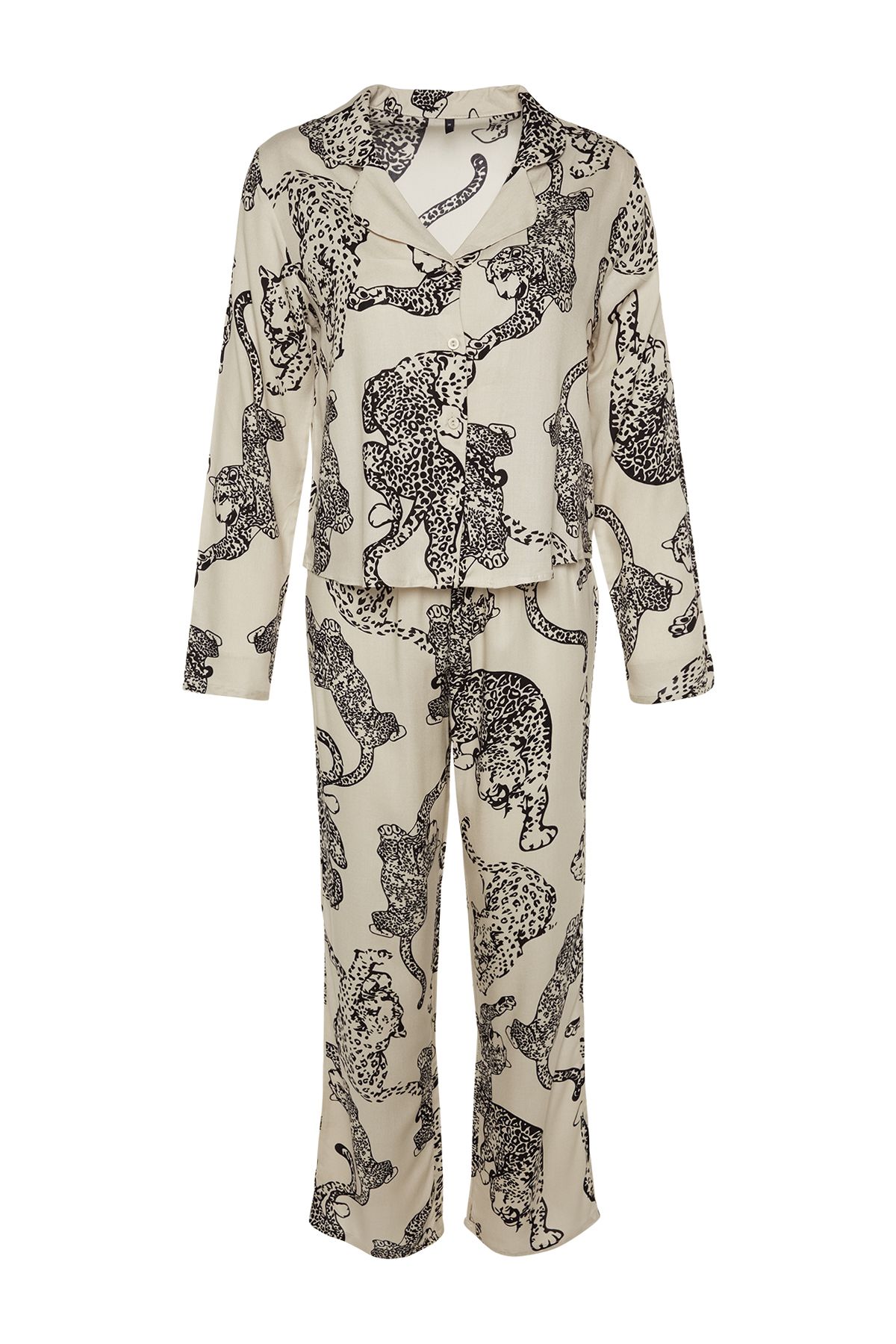 Trendyol Collection-Set de pijamale țesute din viscoză cu model tigru crem THMAW24PT00092 8