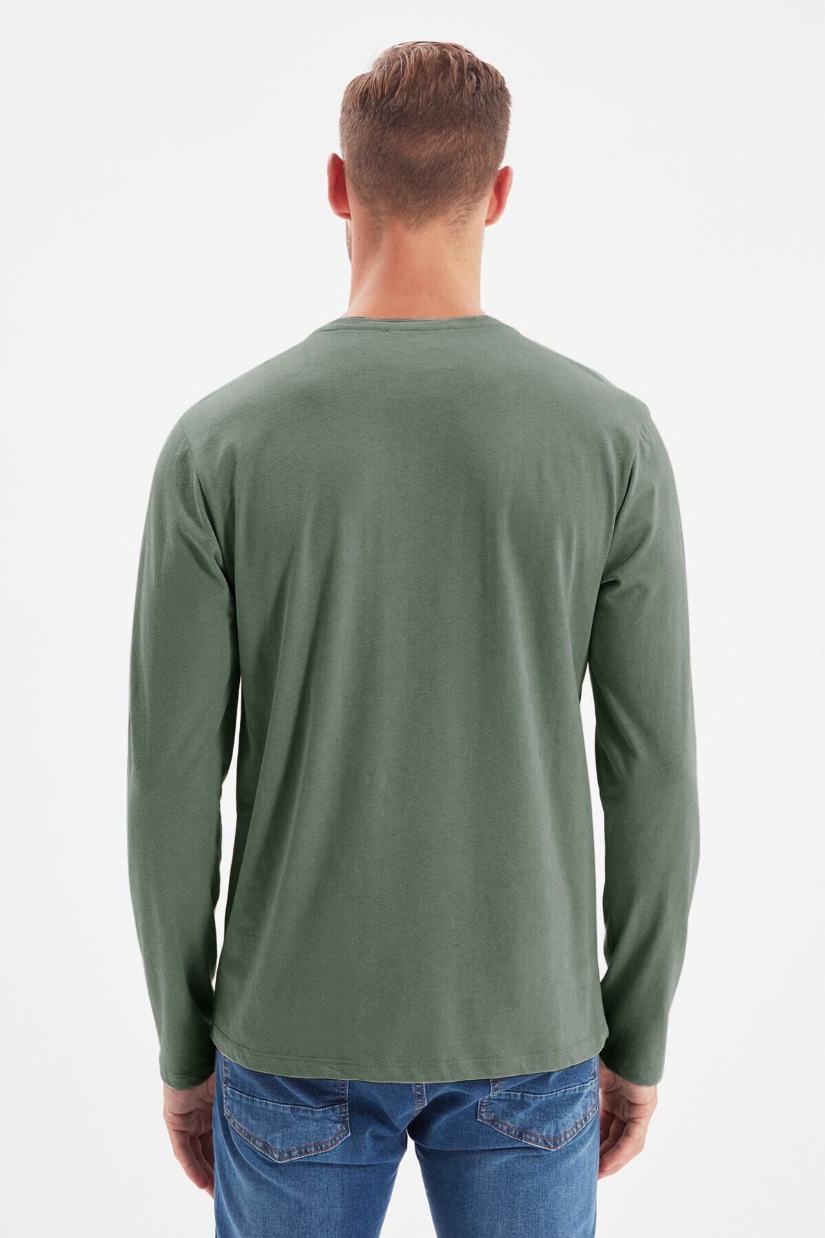 Trendyol Collection-Sötétzöld hosszú ujjú 100% pamut póló - Normal Fit TMNAW21TS0208 6