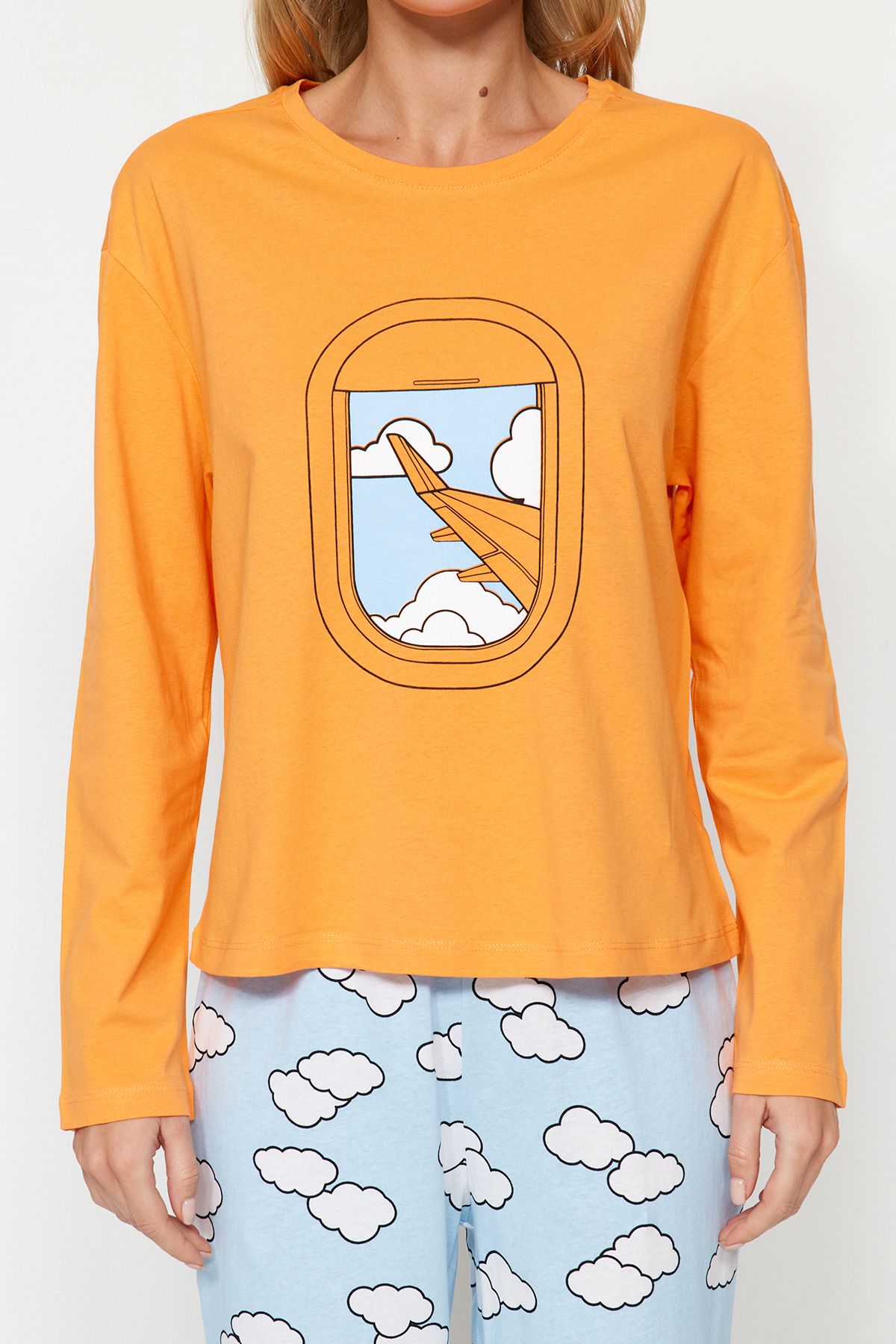 Trendyol Collection-Cloud Pattern 100% βαμβακερό πορτοκαλί μπλουζάκι και σετ υπνοδωματίων Jogger - THMAW24PT00005 4