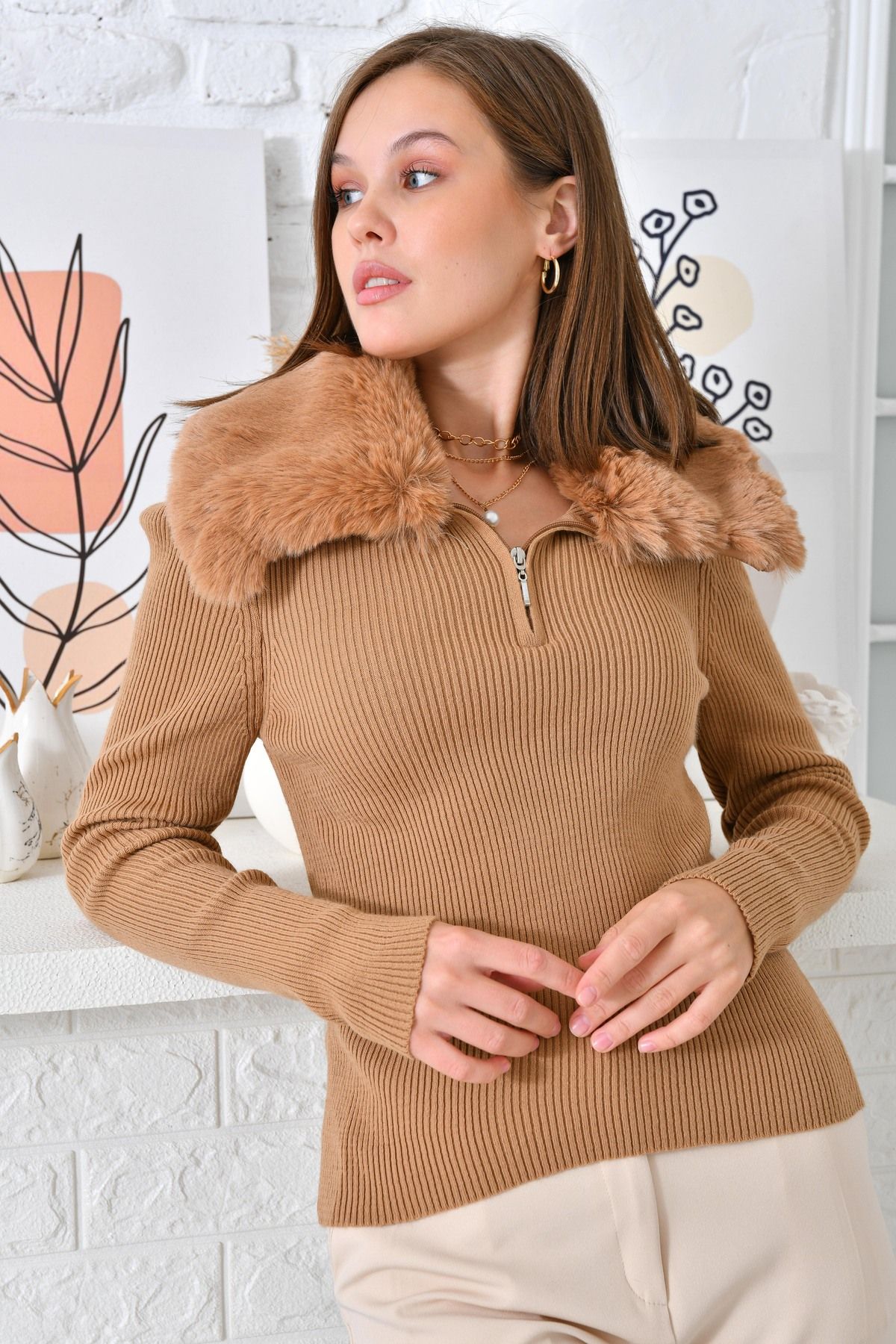 Fur collar deals sweater women's