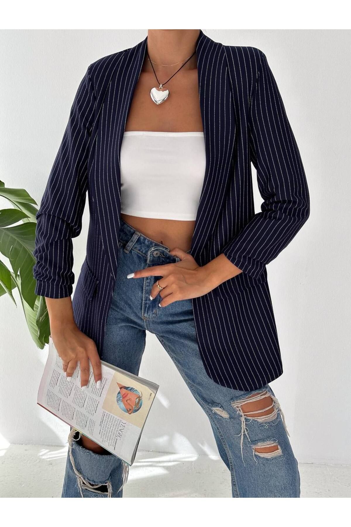 Womens striped 2025 blazer jacket