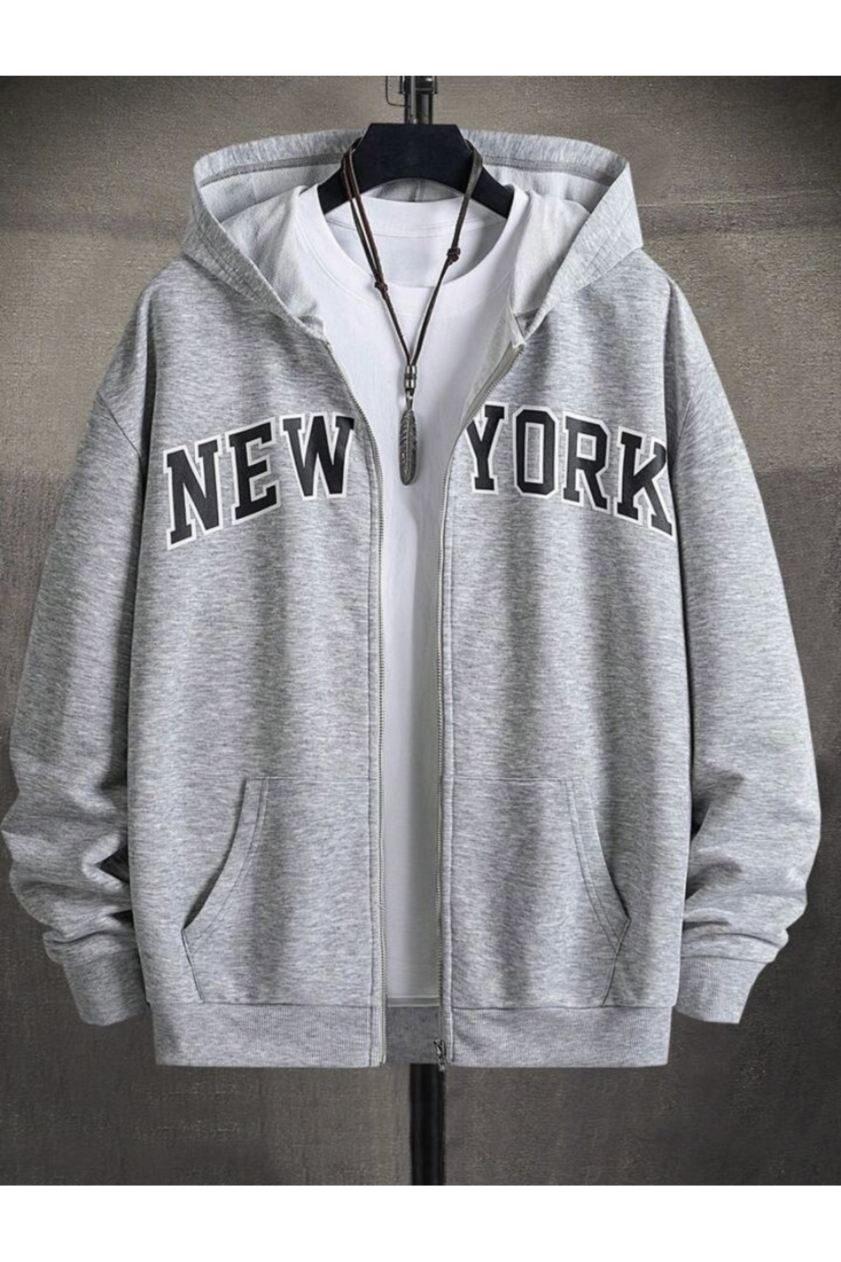 BYMEER Unisex Gri New York Baskılı Fermuarlı Sweat Hırka — خاکستری SNT-NEWYORK-HIRKA