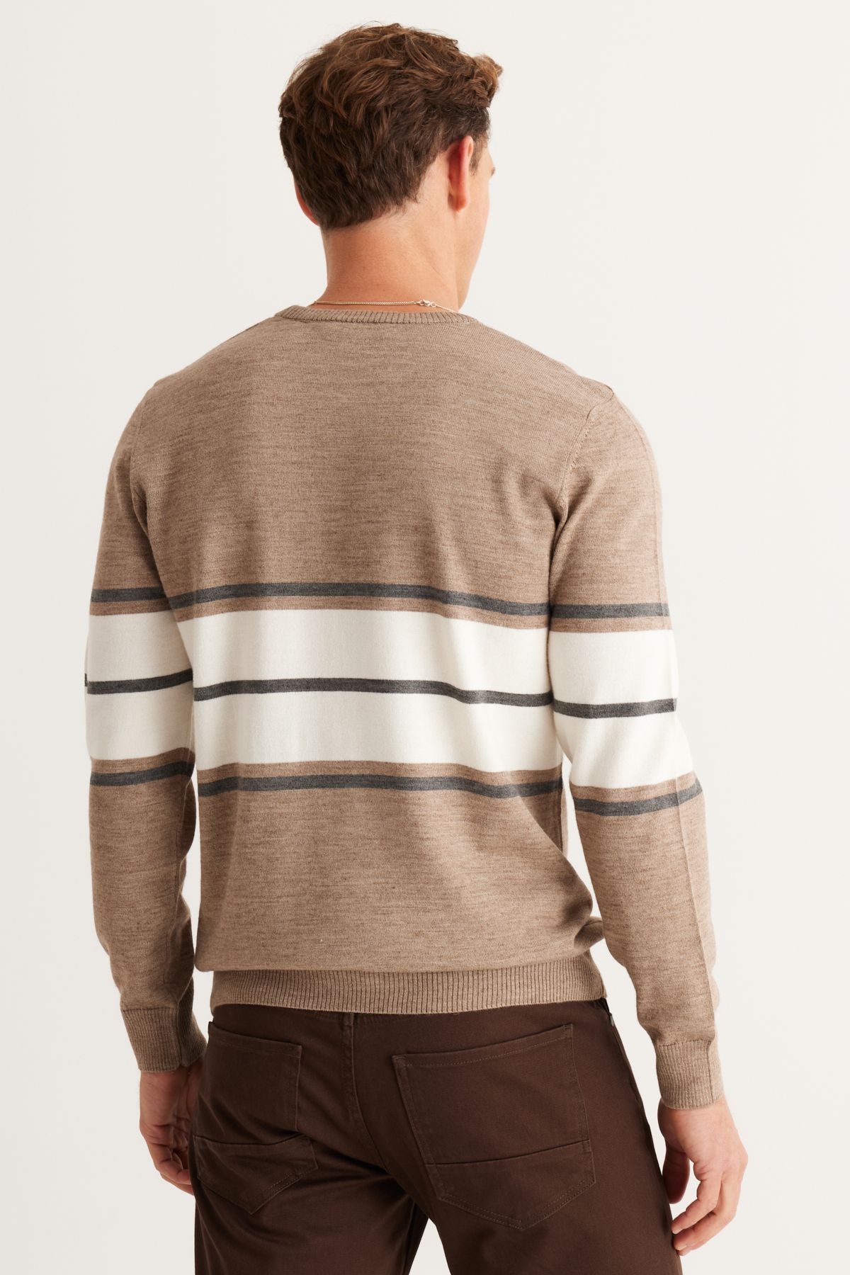 ALTINYILDIZ CLASSICS-Men's Beige Melange-Gray Melange Wool Standard Fit Regular Cut Crew Neck Striped Knitwear Sweater 5