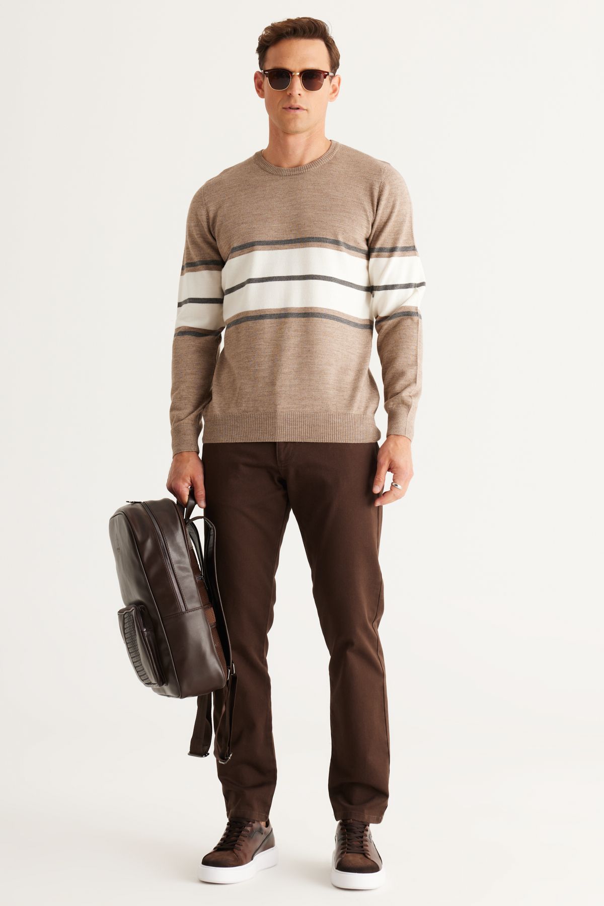 ALTINYILDIZ CLASSICS-Men's Beige Melange-Gray Melange Wool Standard Fit Regular Cut Crew Neck Striped Knitwear Sweater 3