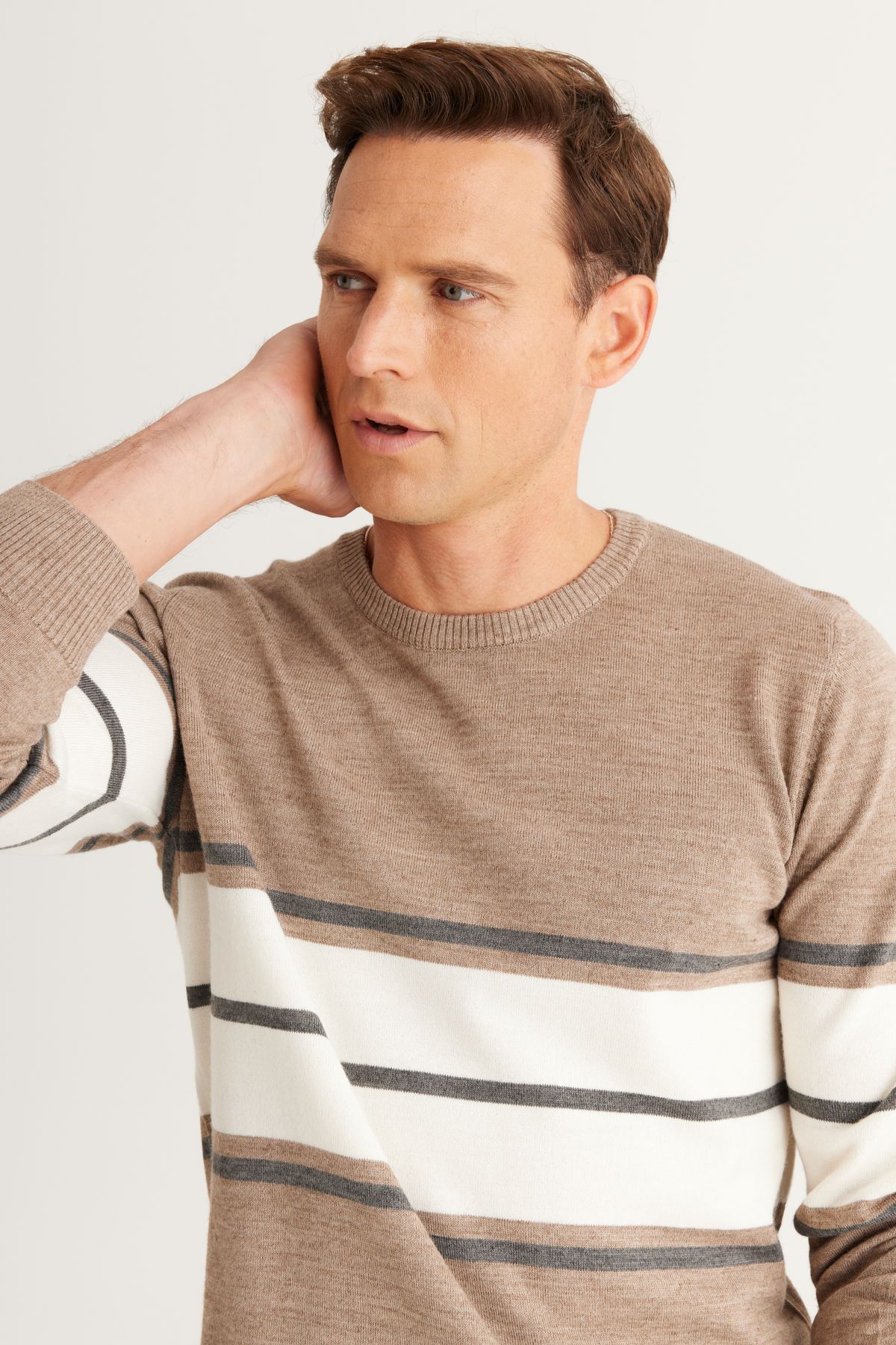 ALTINYILDIZ CLASSICS-Men's Beige Melange-Gray Melange Wool Standard Fit Regular Cut Crew Neck Striped Knitwear Sweater 2