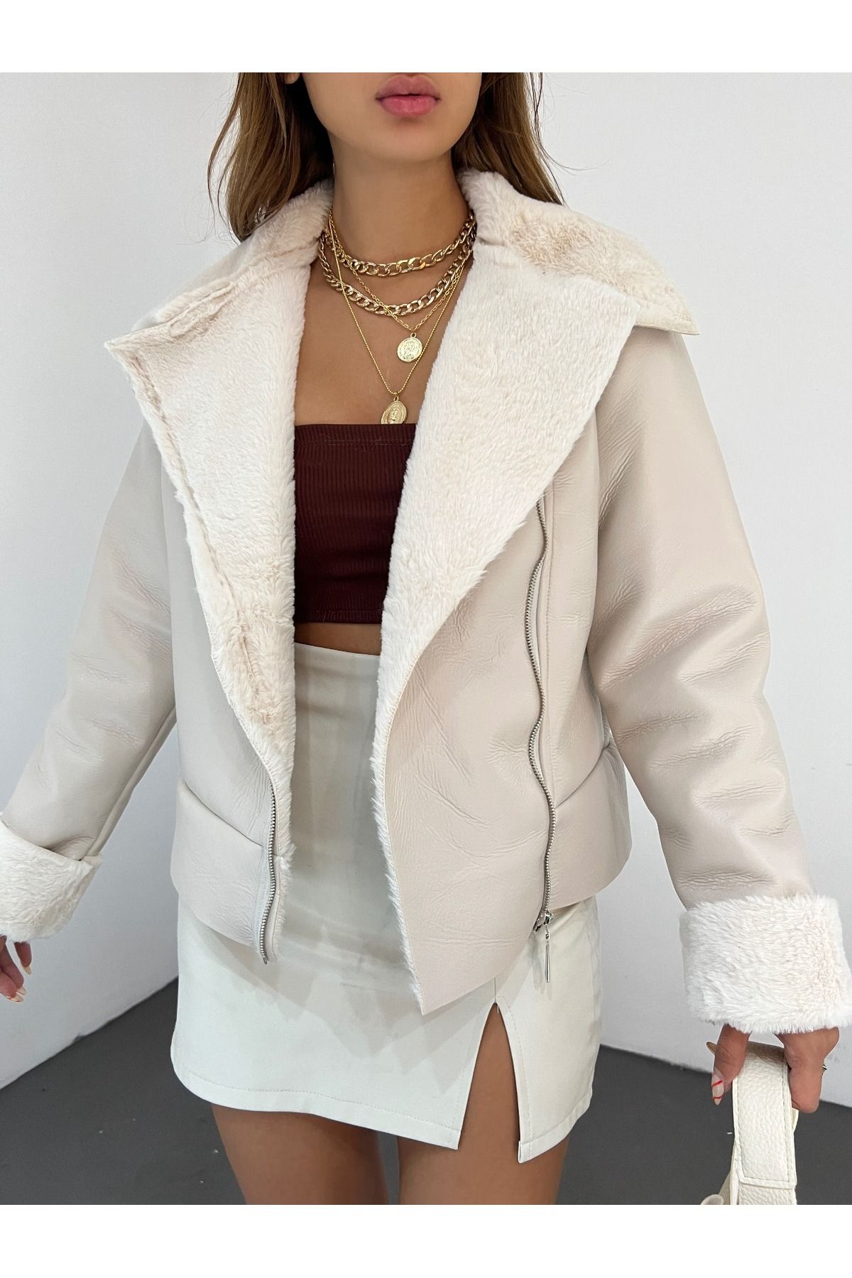 Fav Style Women s Front Zipper Shawl Collar Faux Leather Soft Fur