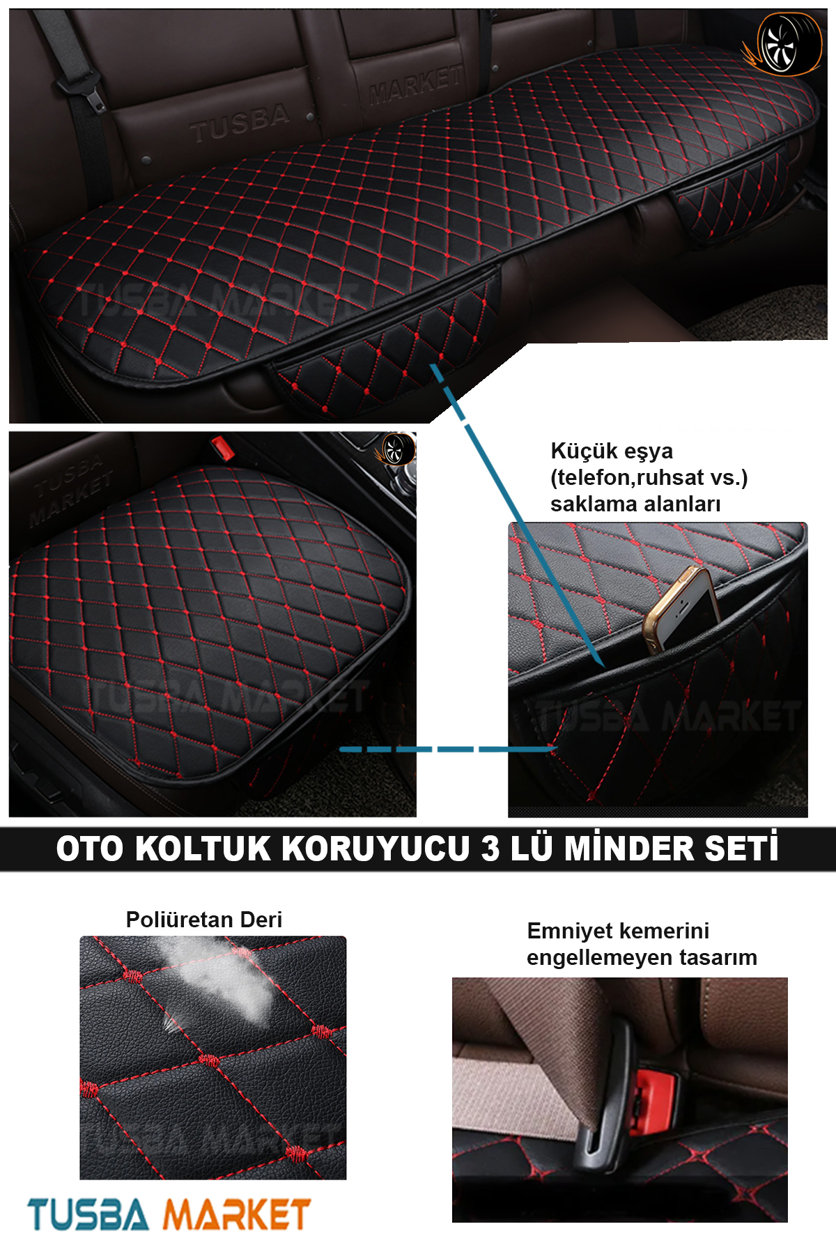TUSBA MARKET Renault Clio 4 HB Otomobil Koltuk Koruyucu Cepli Üçlü Minder Seti /Araç Oto Koltuk Deri Minder Kılıf fotoğrafı 4 (önizleme)