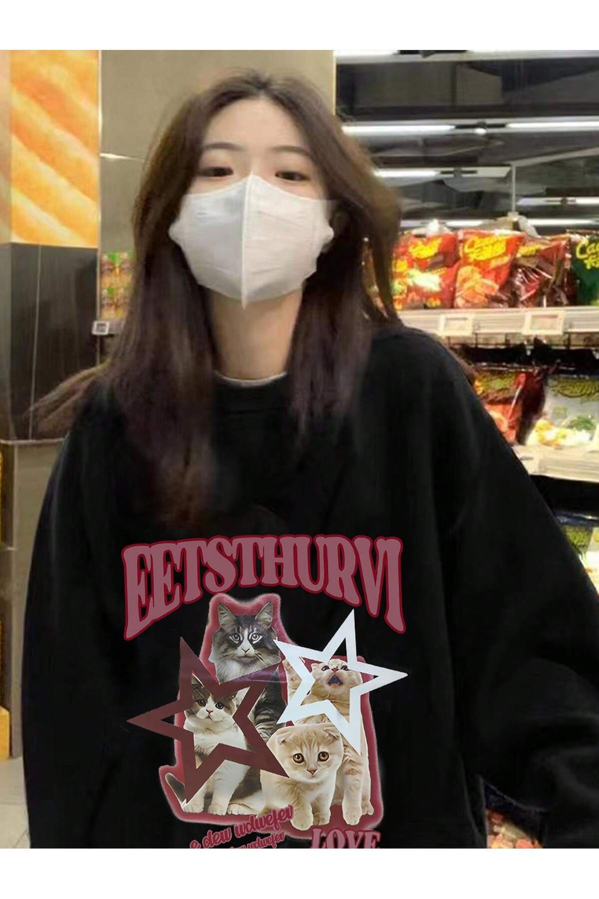 Letter and Cat Patterned Low Shoulder Plus Size Sweatshirt Black