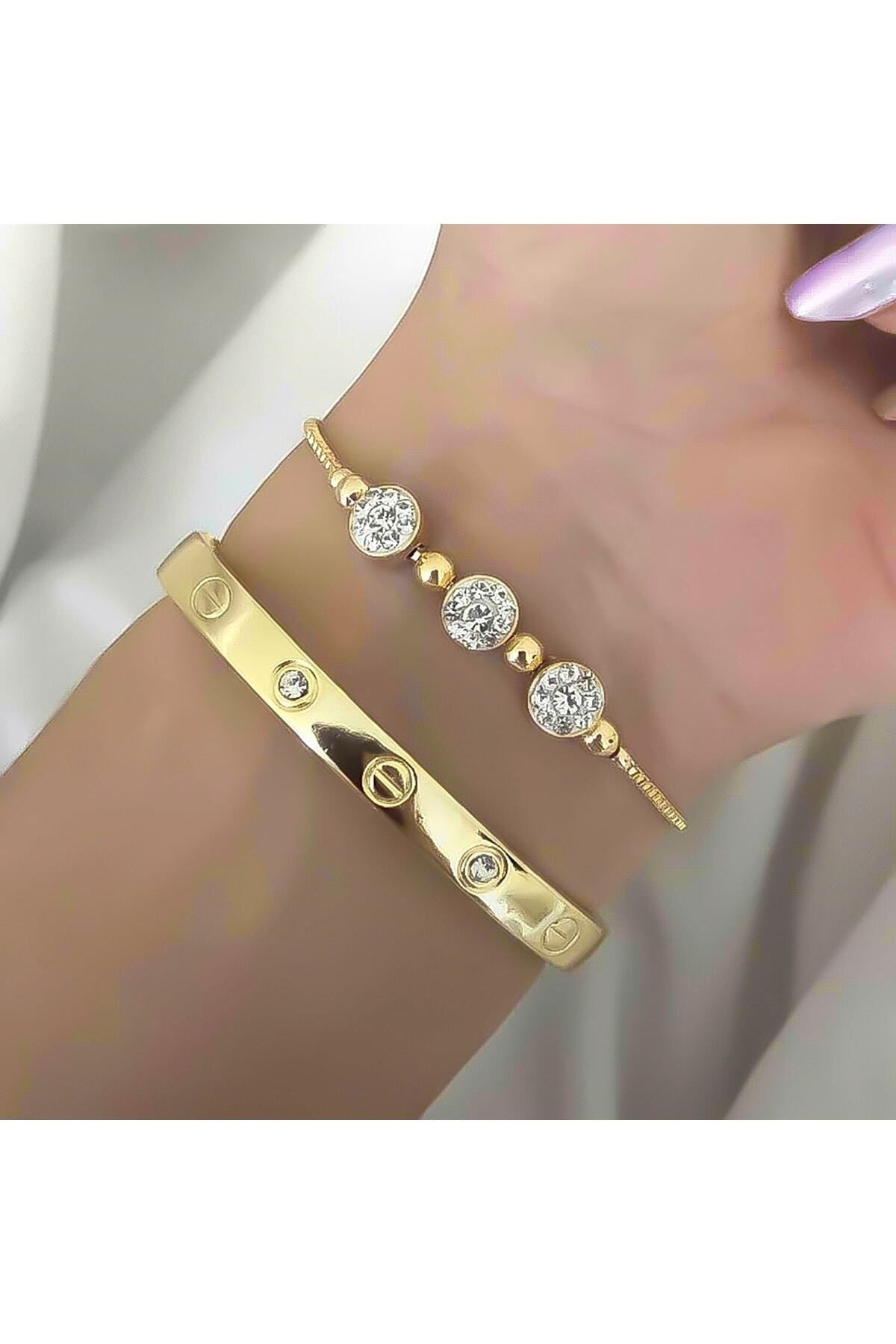 BERS AKSESUAR Gold Color Combination Bracelet Set Cartier Stone