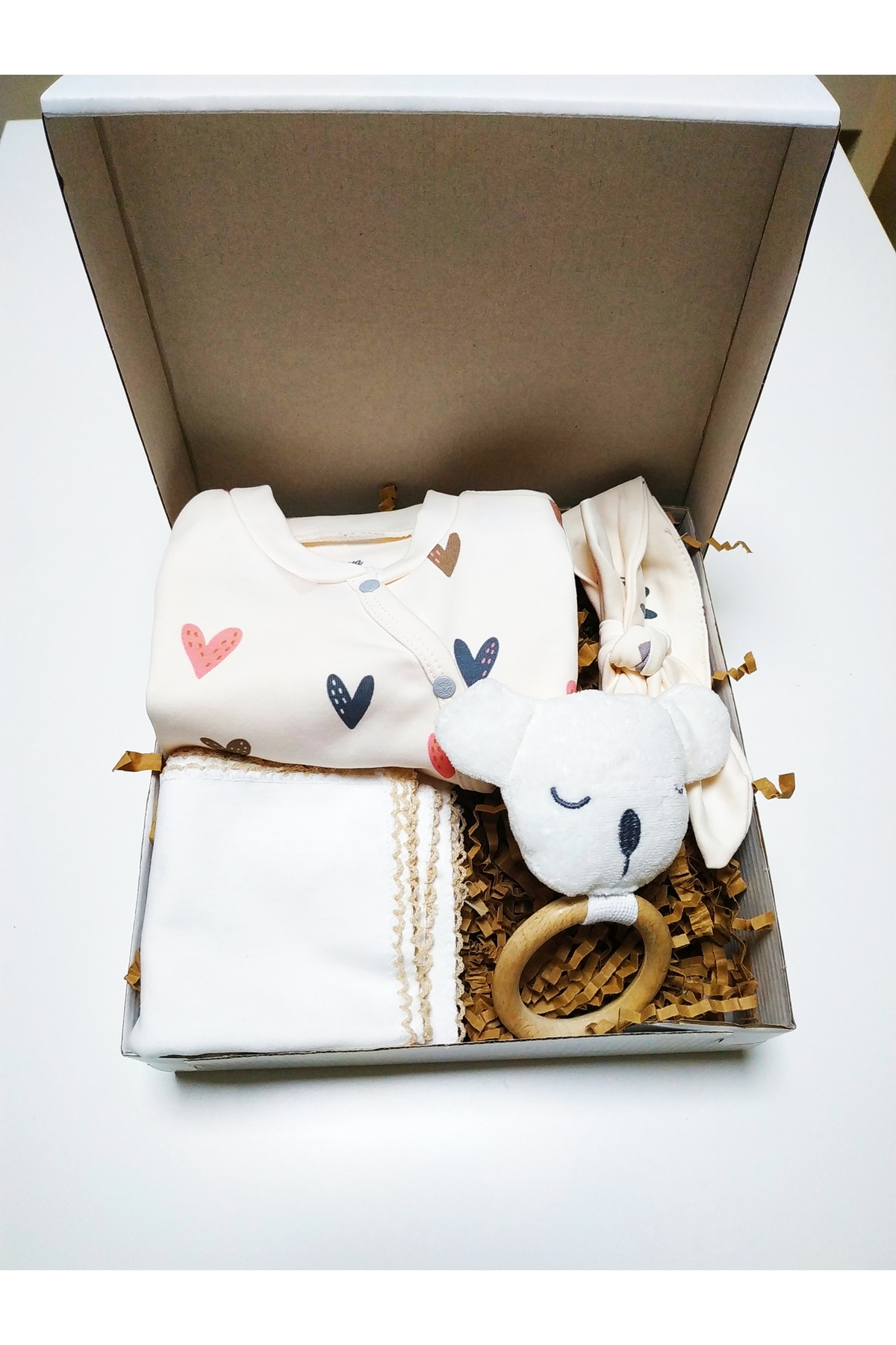 Baby Gift Set Footed Jumpsuit with Front Snap + Handkerchief + Rattle Teether Set