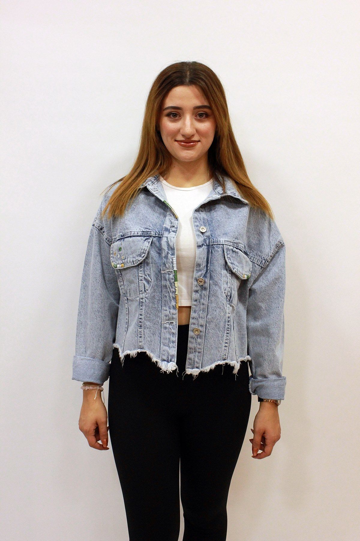 Denim embroidered jacket womens online